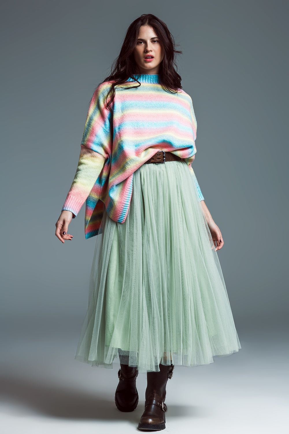 Oversized Multicolor High Necke Sweater With Side Slits - Jumpers
