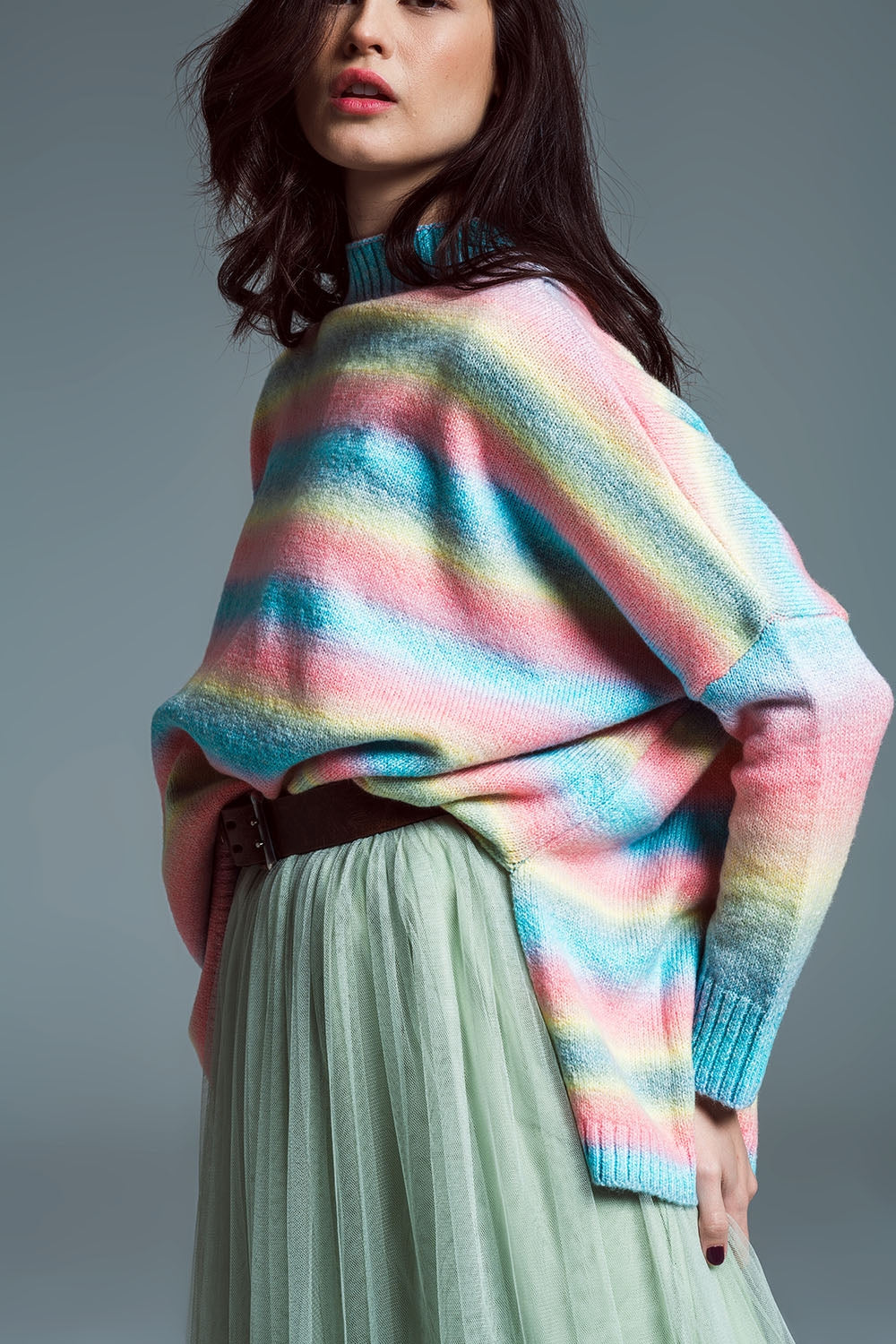 Oversized Multicolor High Necke Sweater With Side Slits - Jumpers