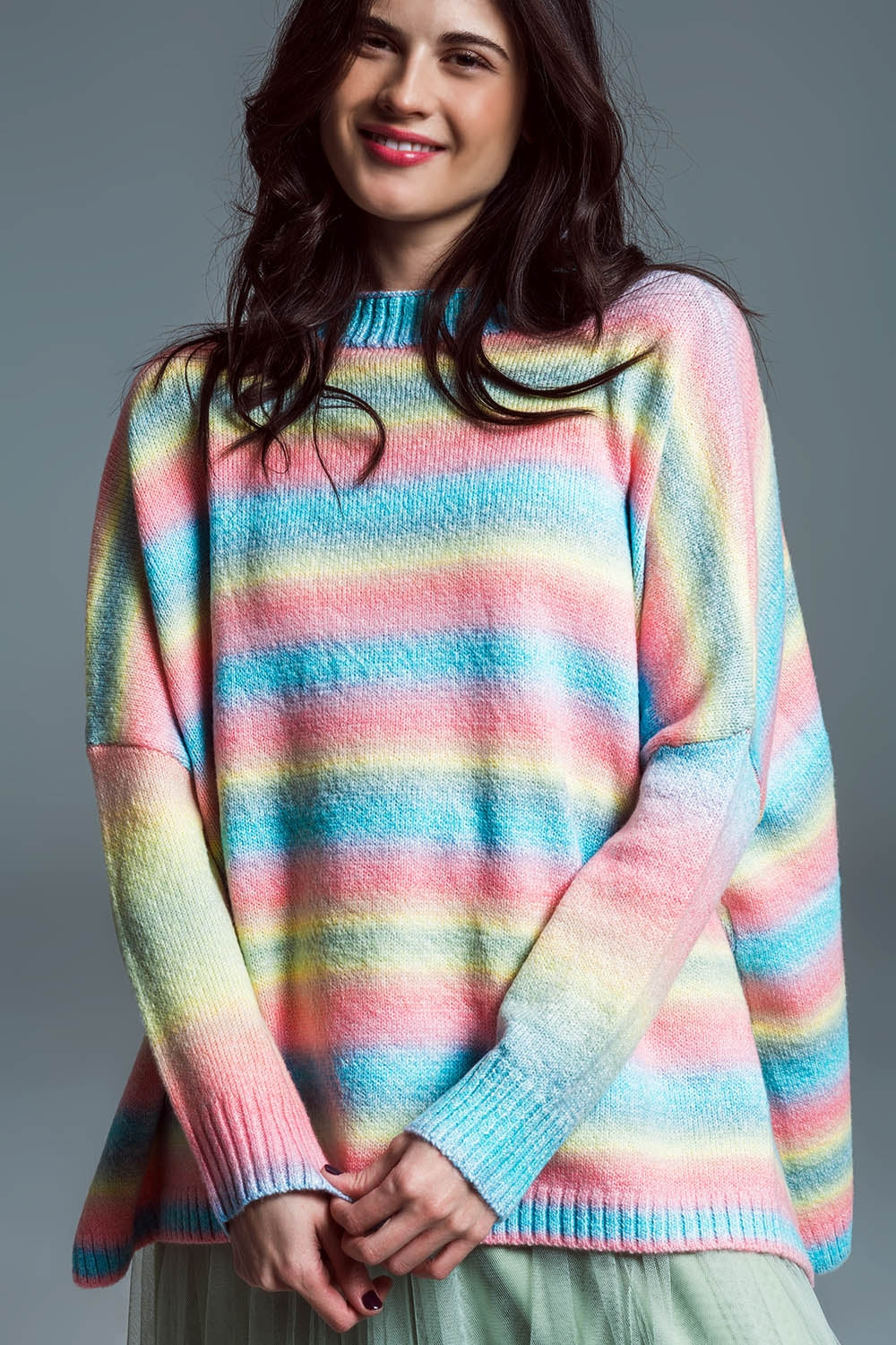 Oversized Multicolor High Necke Sweater With Side Slits - Jumpers