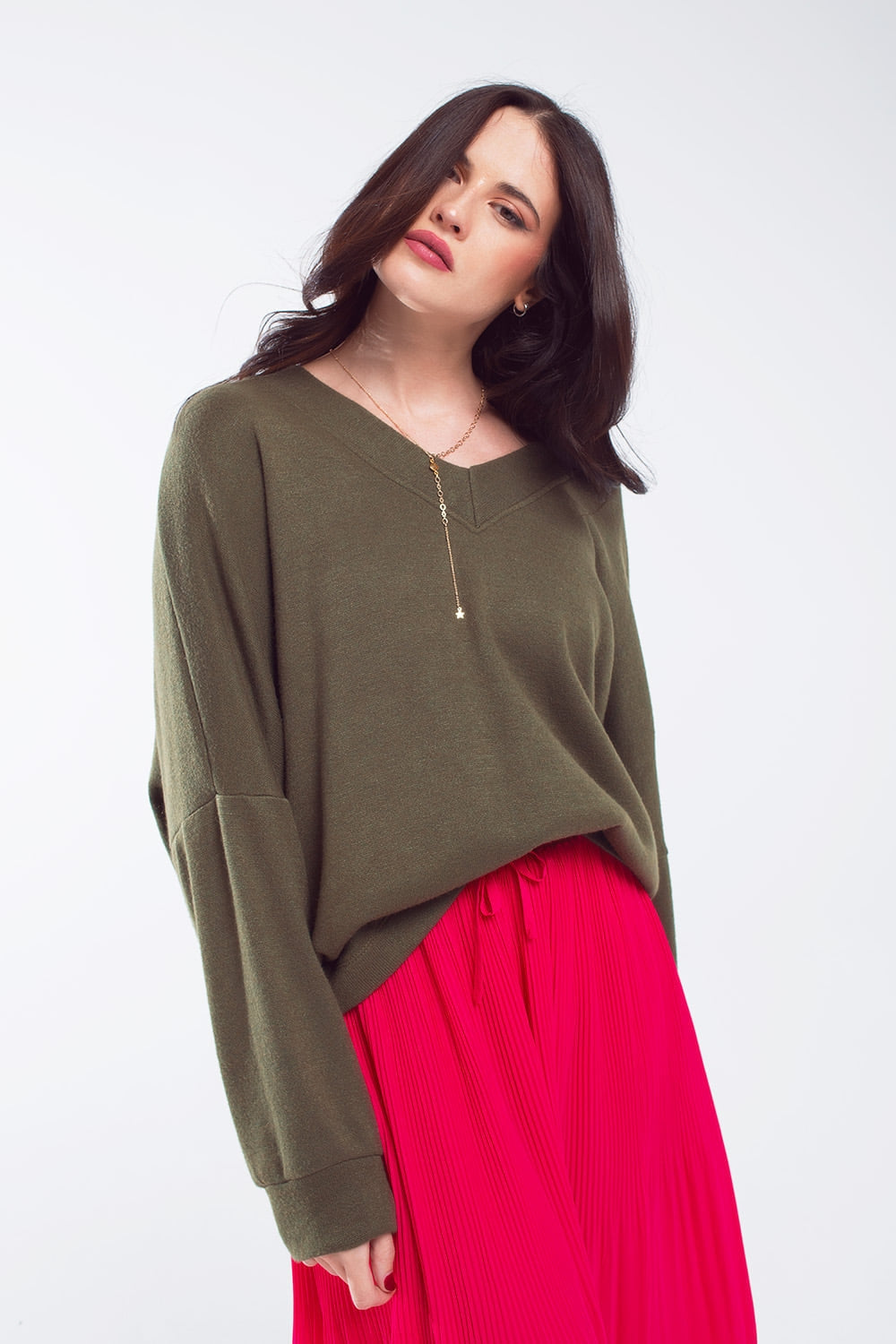 Oversized Olive Green Swearshirt wth V-Neckline Q2 Sweaters BoutiqueLua