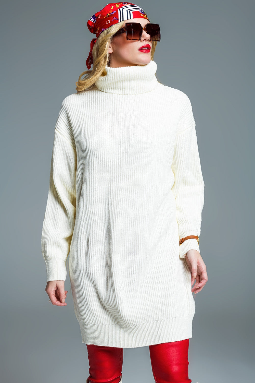 Oversized Ribbed Knit dress With Turtle Neck in Cream Q2 Dresses BoutiqueLua