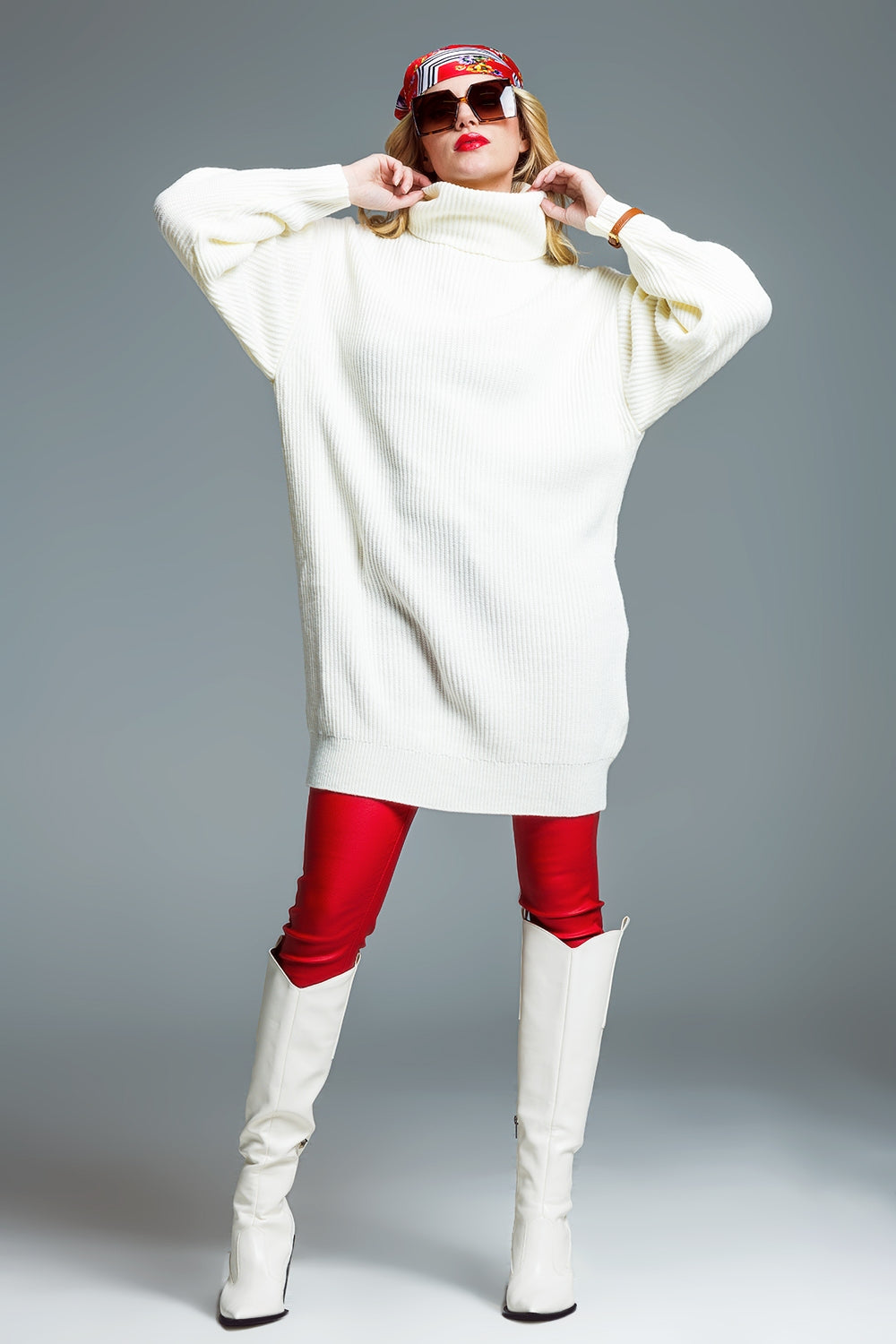 Oversized Ribbed Knit dress With Turtle Neck in Cream Q2 Dresses BoutiqueLua