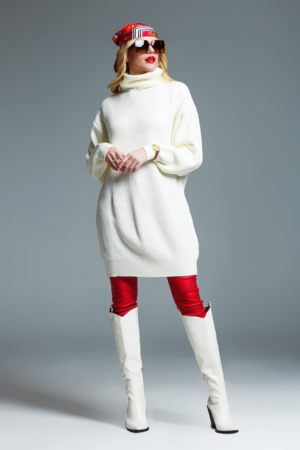 Oversized Ribbed Knit dress With Turtle Neck in Cream Q2 Dresses BoutiqueLua