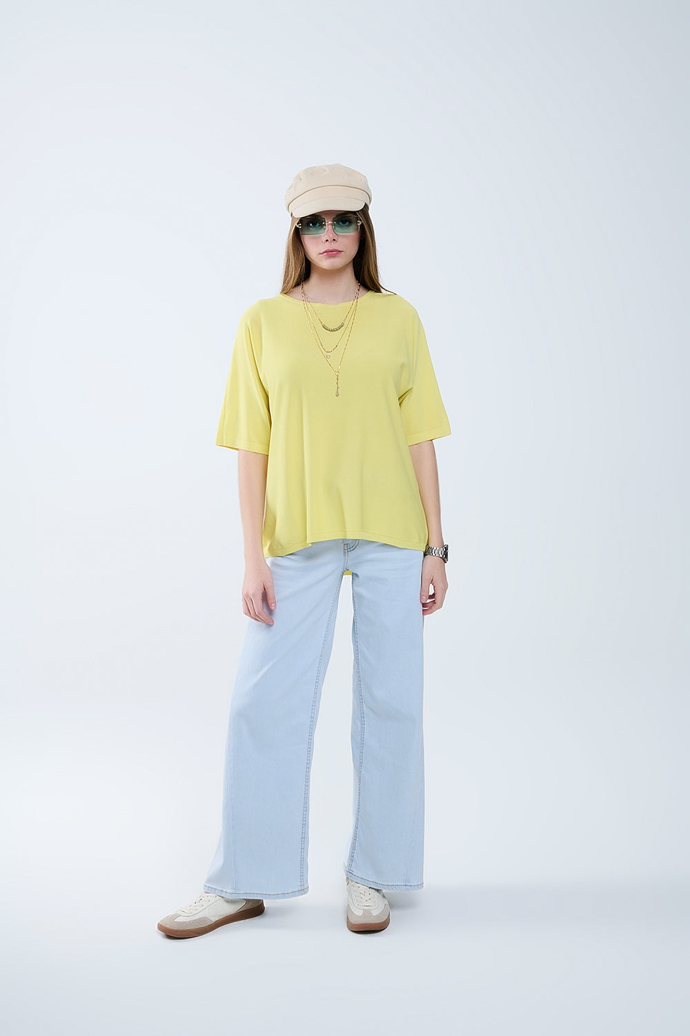 Oversized Yellow Sweater with Elbow-Length Sleeves - T-shirts