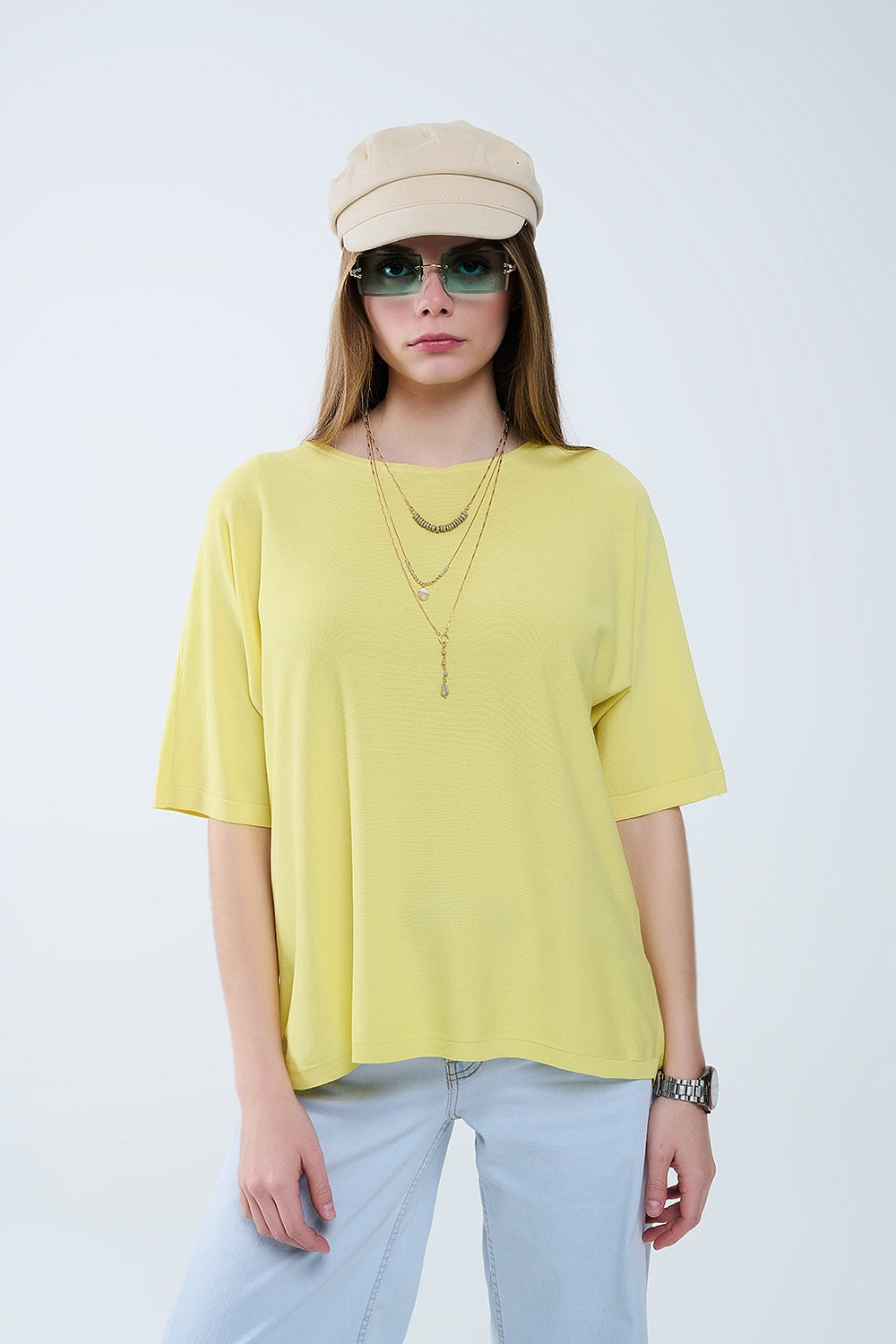 Oversized Yellow Sweater with Elbow-Length Sleeves - T-shirts
