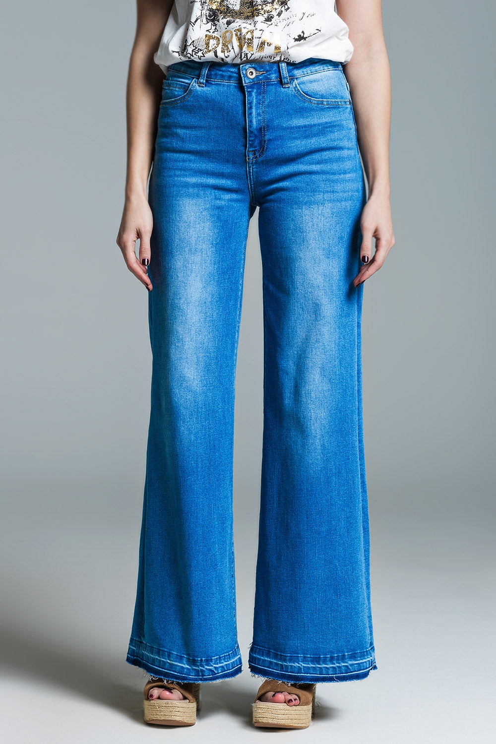Palazzo Style Jeans in Mid Wash With Double Stitching Detail at The Hem - Jeans