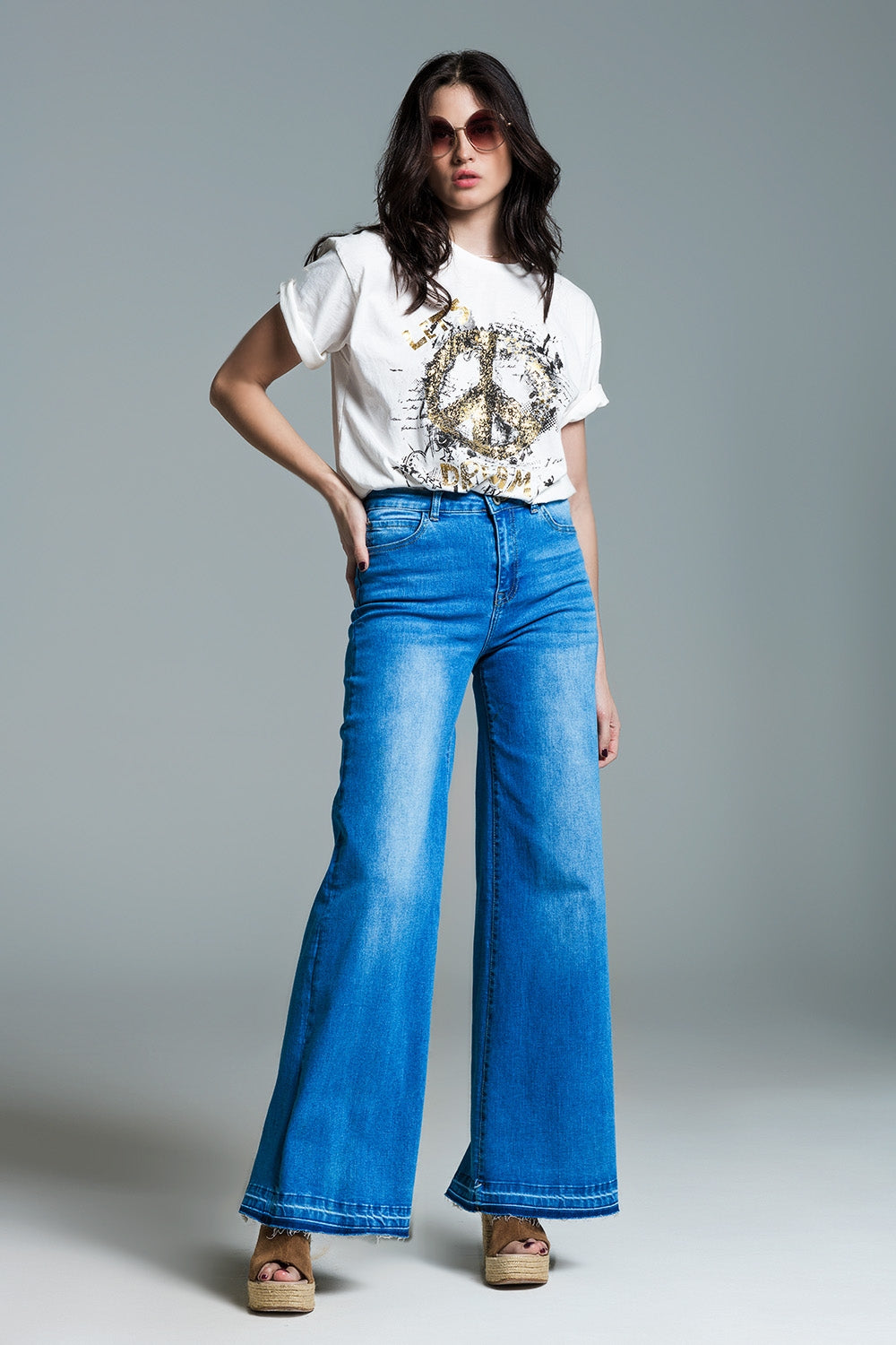 Palazzo Style Jeans in Mid Wash With Double Stitching Detail at The Hem - Jeans