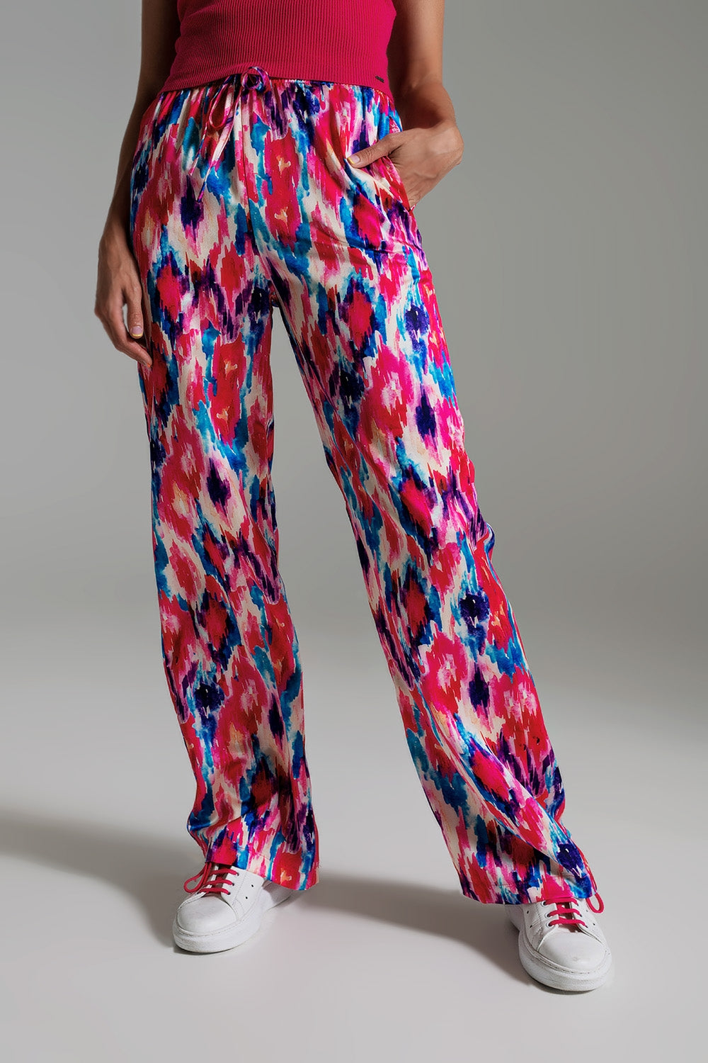 Palazzo Style Pants in Abstract Pink and Blue Print - Pants