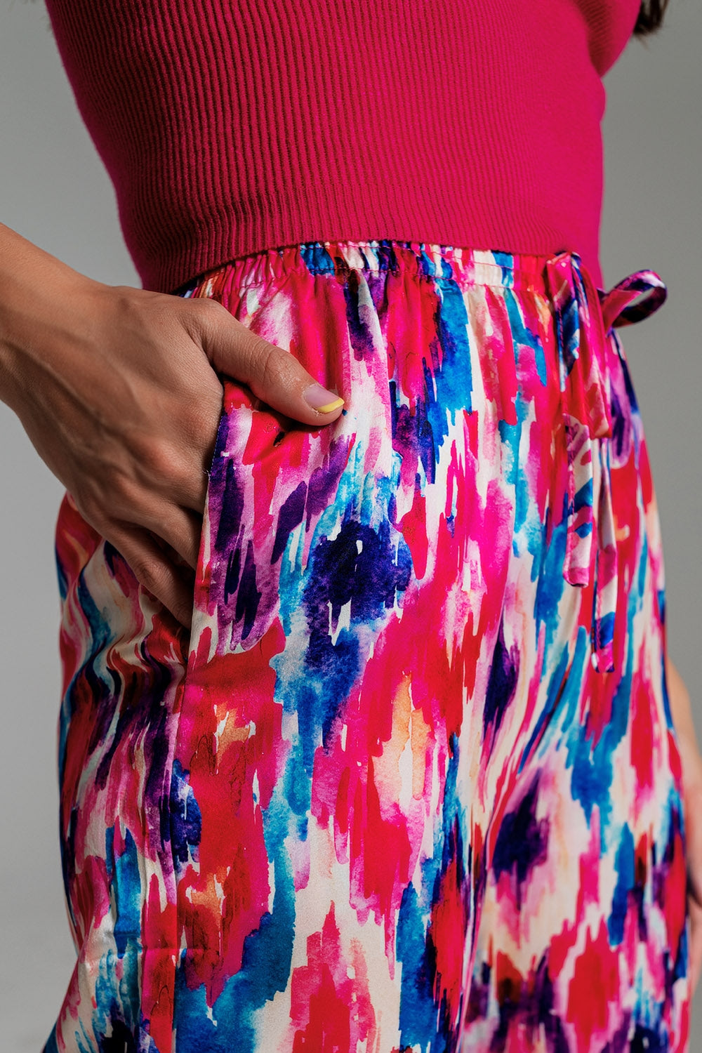 Palazzo Style Pants in Abstract Pink and Blue Print - Pants