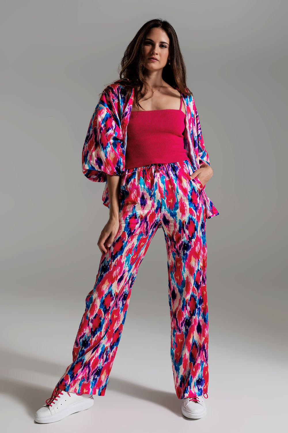 Palazzo Style Pants in Abstract Pink and Blue Print - Pants