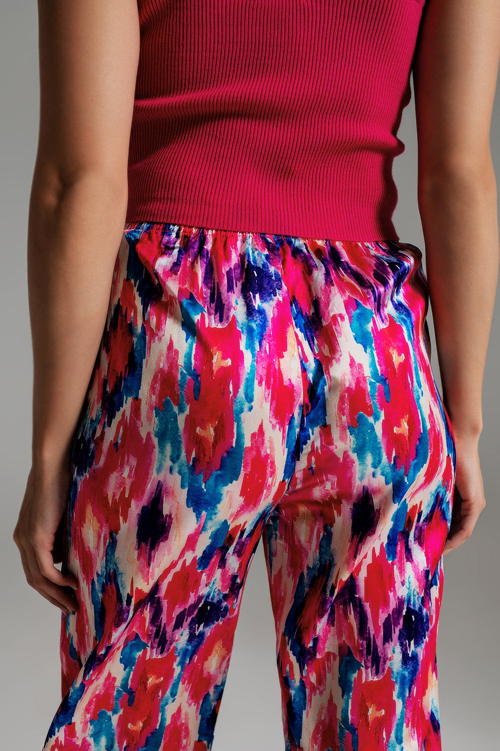 Palazzo Style Pants in Abstract Pink and Blue Print - Pants