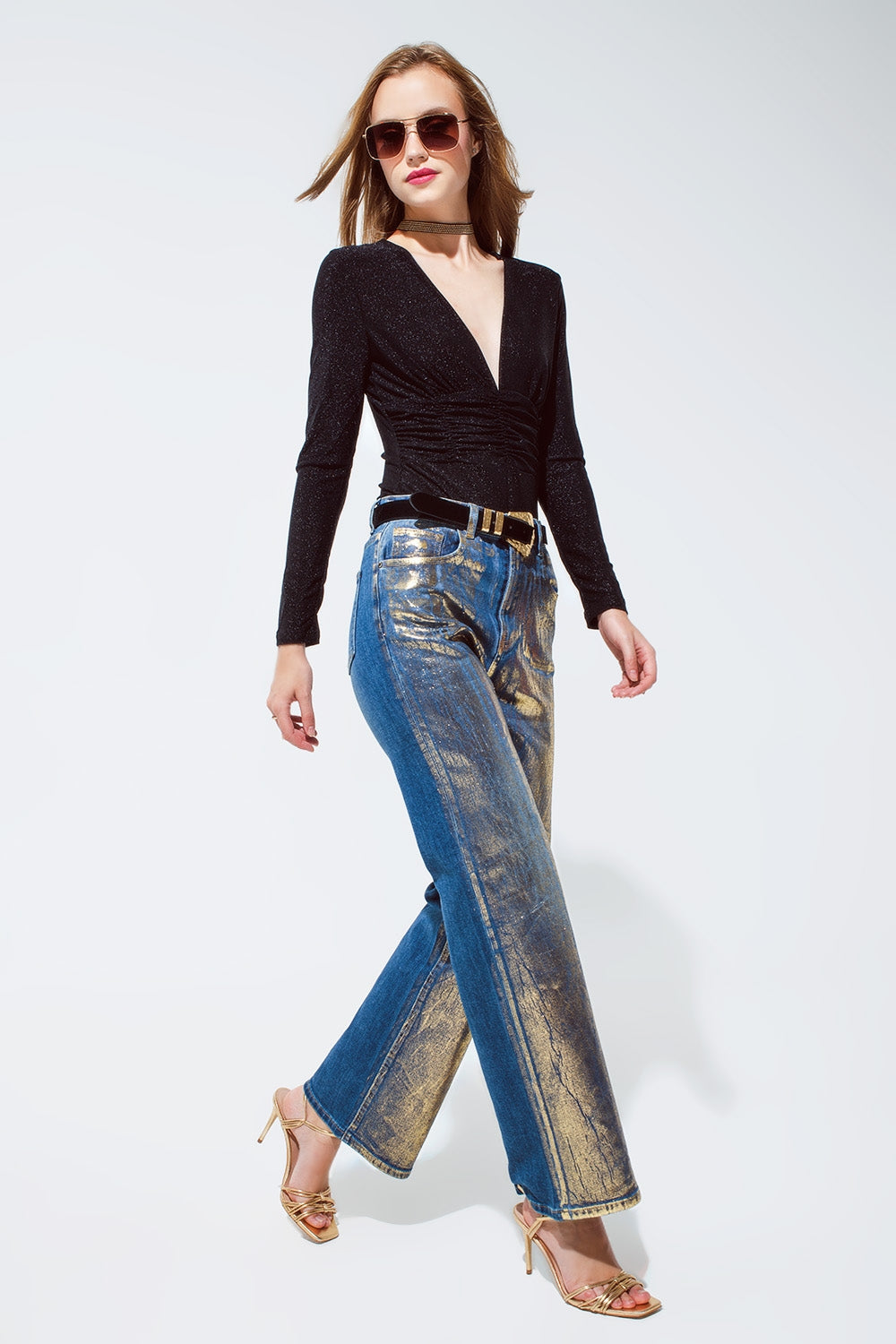 Party Shiny Body Top Long Sleeve in Black - Tops