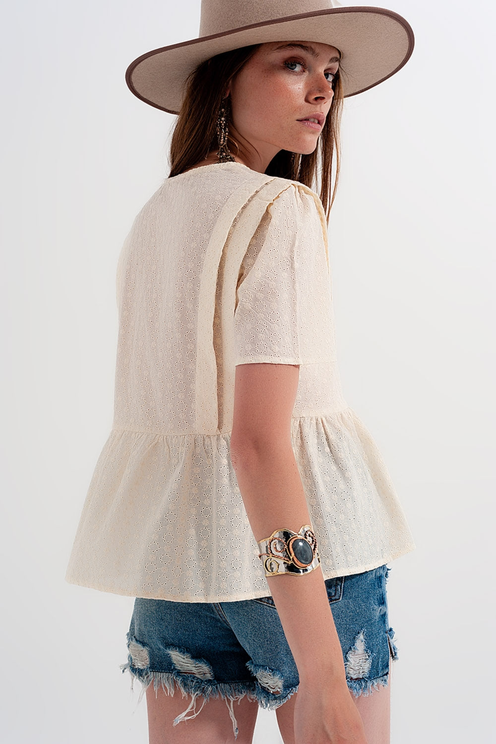 Peplum broderie top in Beige Q2 Tops BoutiqueLua