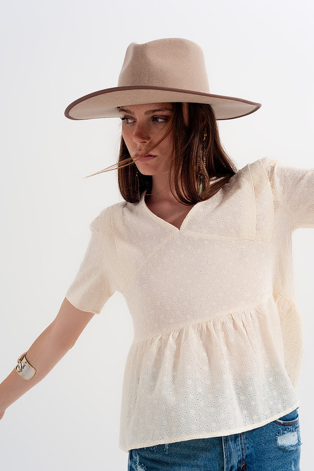 Peplum broderie top in Beige Q2 Tops BoutiqueLua