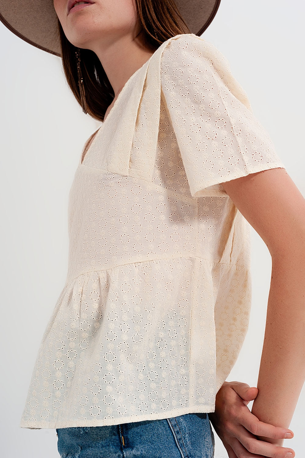 Peplum broderie top in Beige Q2 Tops BoutiqueLua