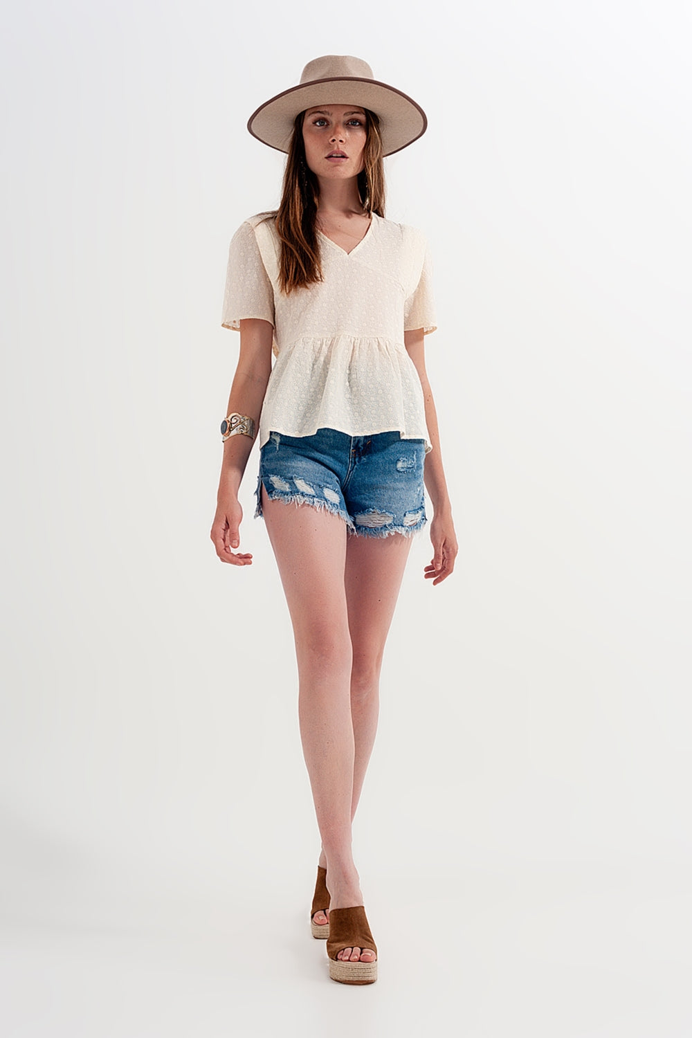 Peplum broderie top in Beige Q2 Tops BoutiqueLua