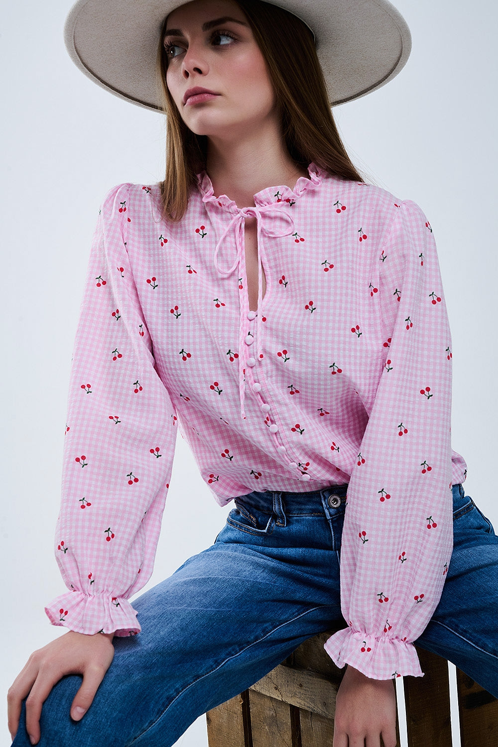 Q2 Pink Blouse with Cherry Details and Tied Bow