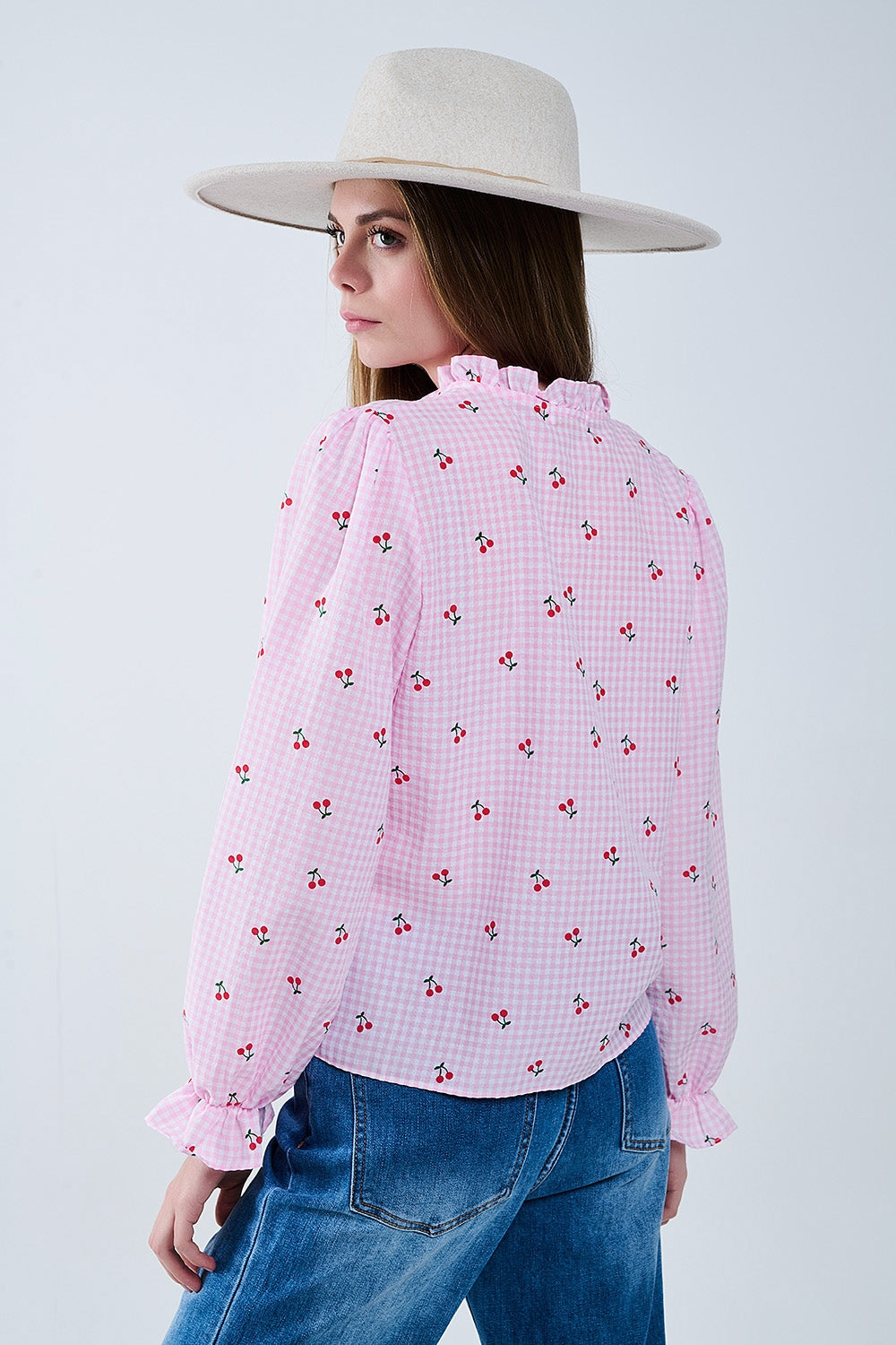 Pink Blouse with Cherry Details and Tied Bow