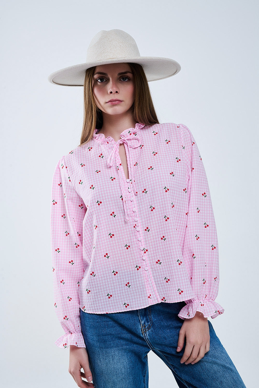 Pink Blouse with Cherry Details and Tied Bow