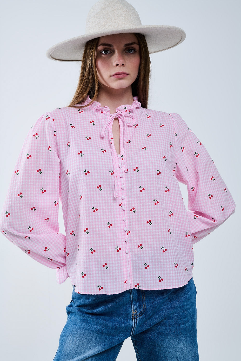 Pink Blouse with Cherry Details and Tied Bow