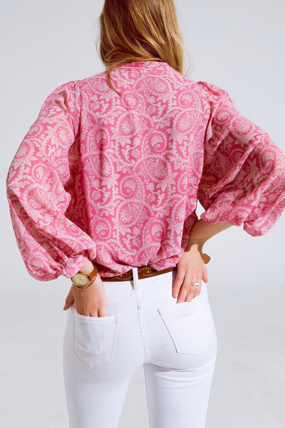 Pink chiffon Blouse With Floral Print And Long Balloon Sleeves - Blouses