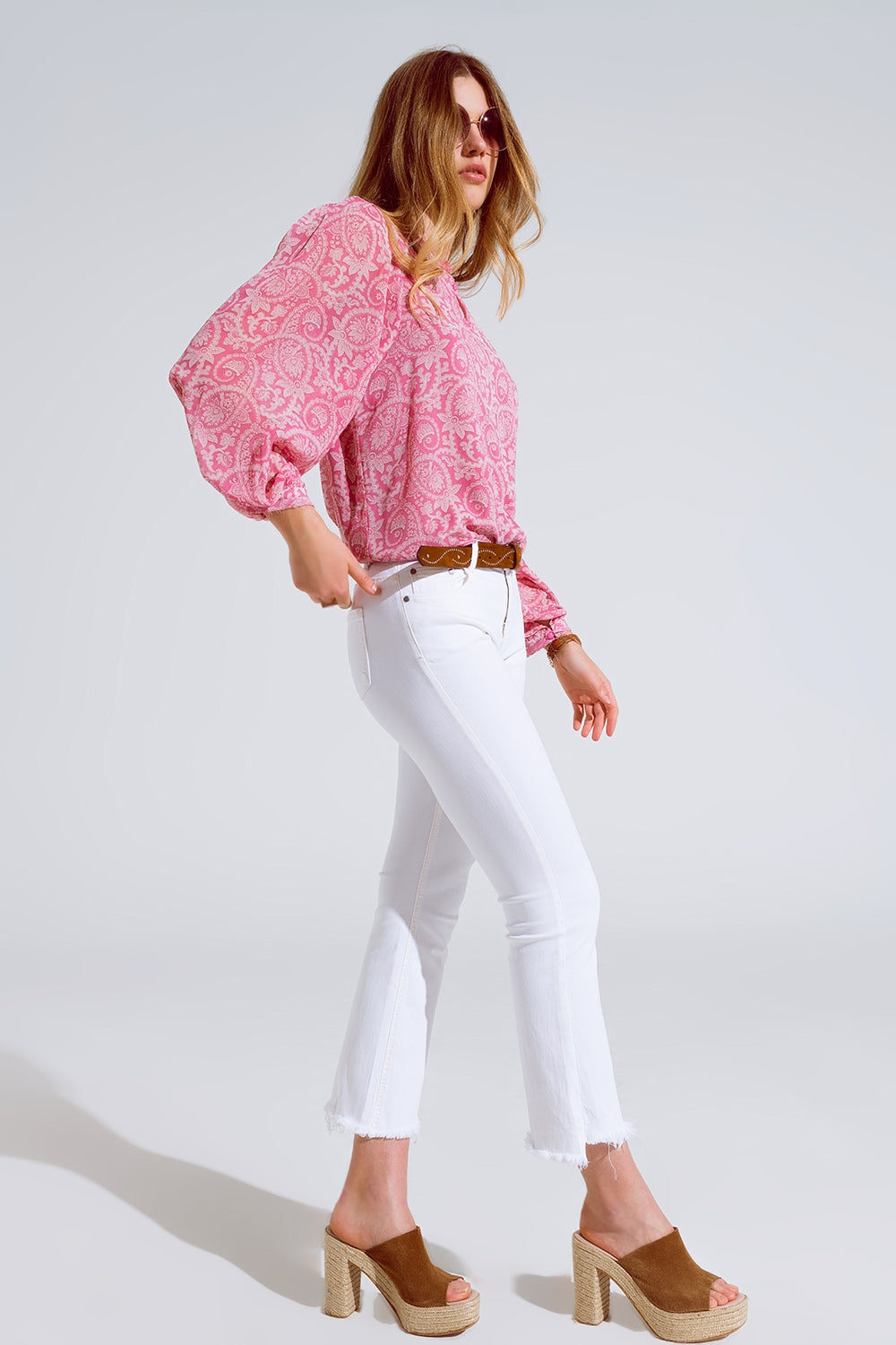 Pink chiffon Blouse With Floral Print And Long Balloon Sleeves - Blouses