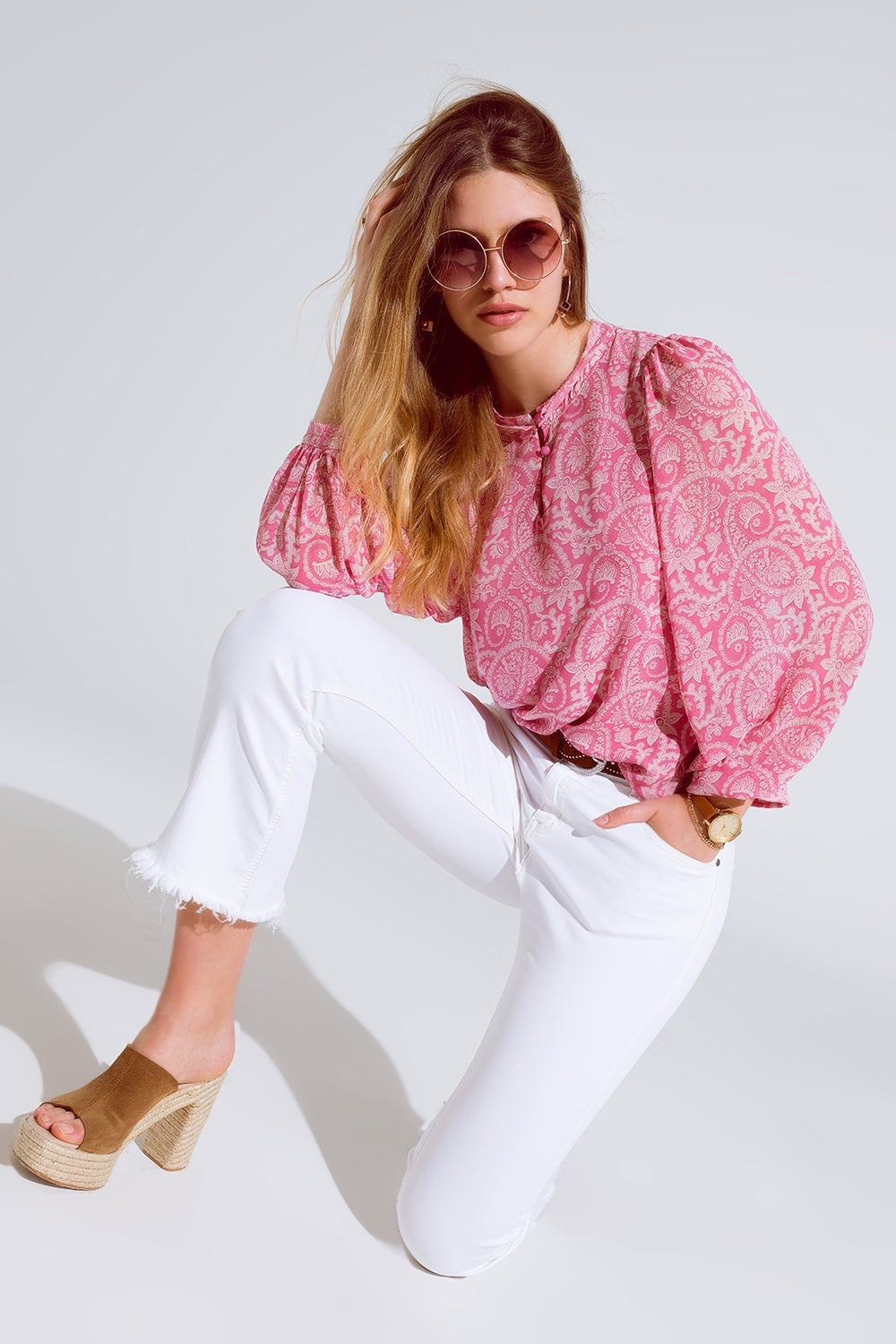 Pink chiffon Blouse With Floral Print And Long Balloon Sleeves - Blouses