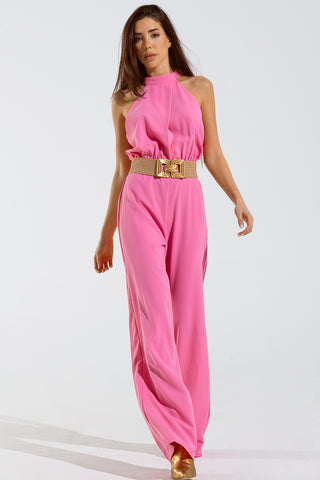 Pink jumpuits with top crossed and high collar