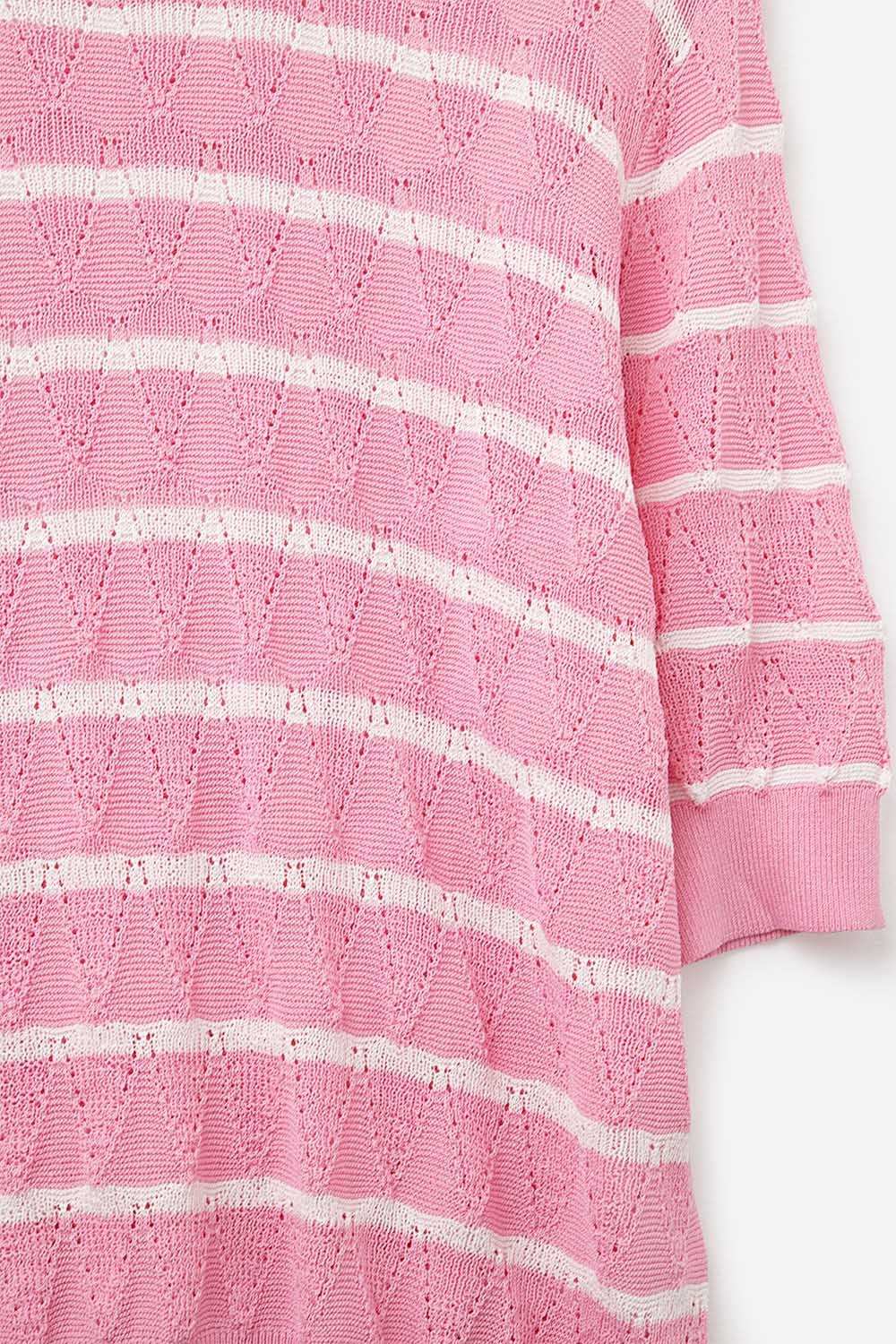 Pink Openwork Knit Top with Short Sleeves and White Stripes - Jumpers