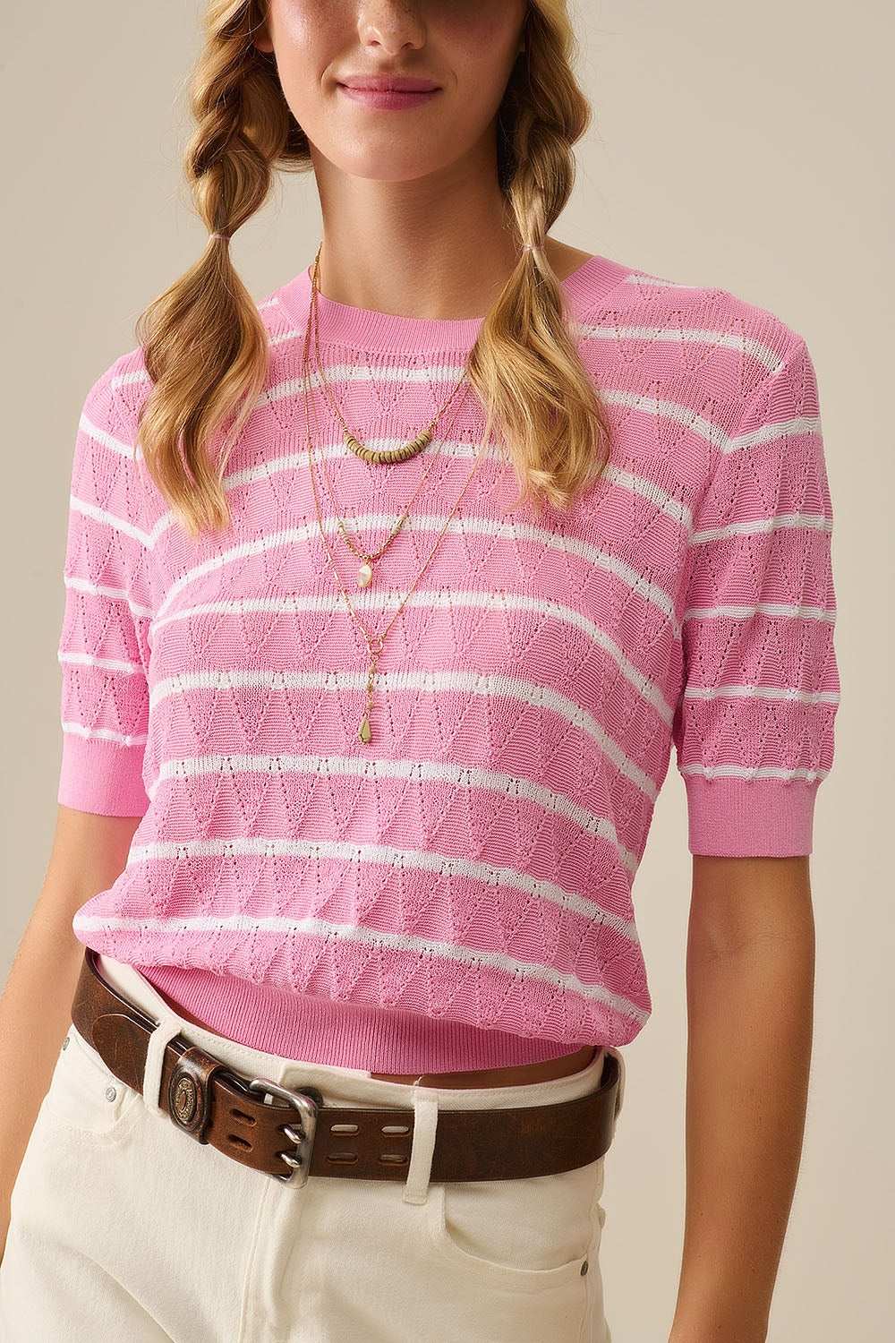 Pink Openwork Knit Top with Short Sleeves and White Stripes - Jumpers