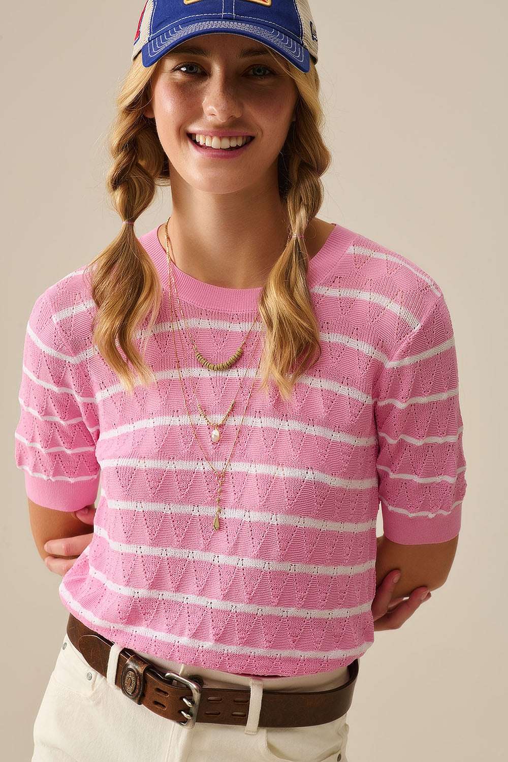 Pink Openwork Knit Top with Short Sleeves and White Stripes - Jumpers