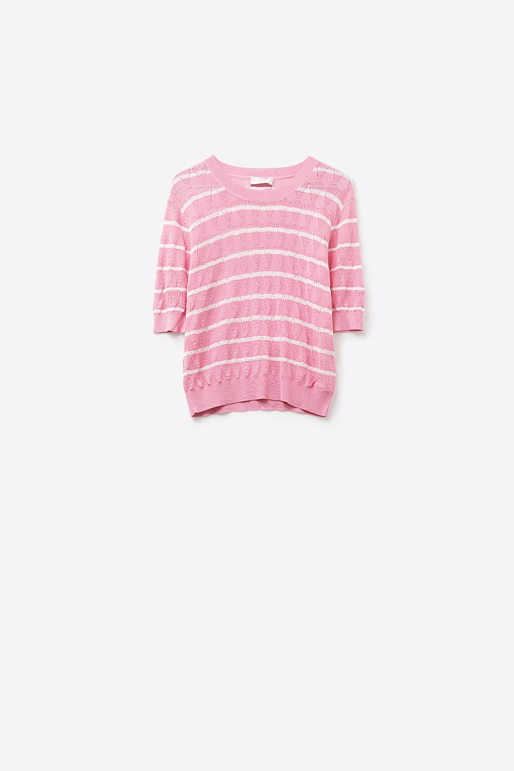 Pink Openwork Knit Top with Short Sleeves and White Stripes - Jumpers