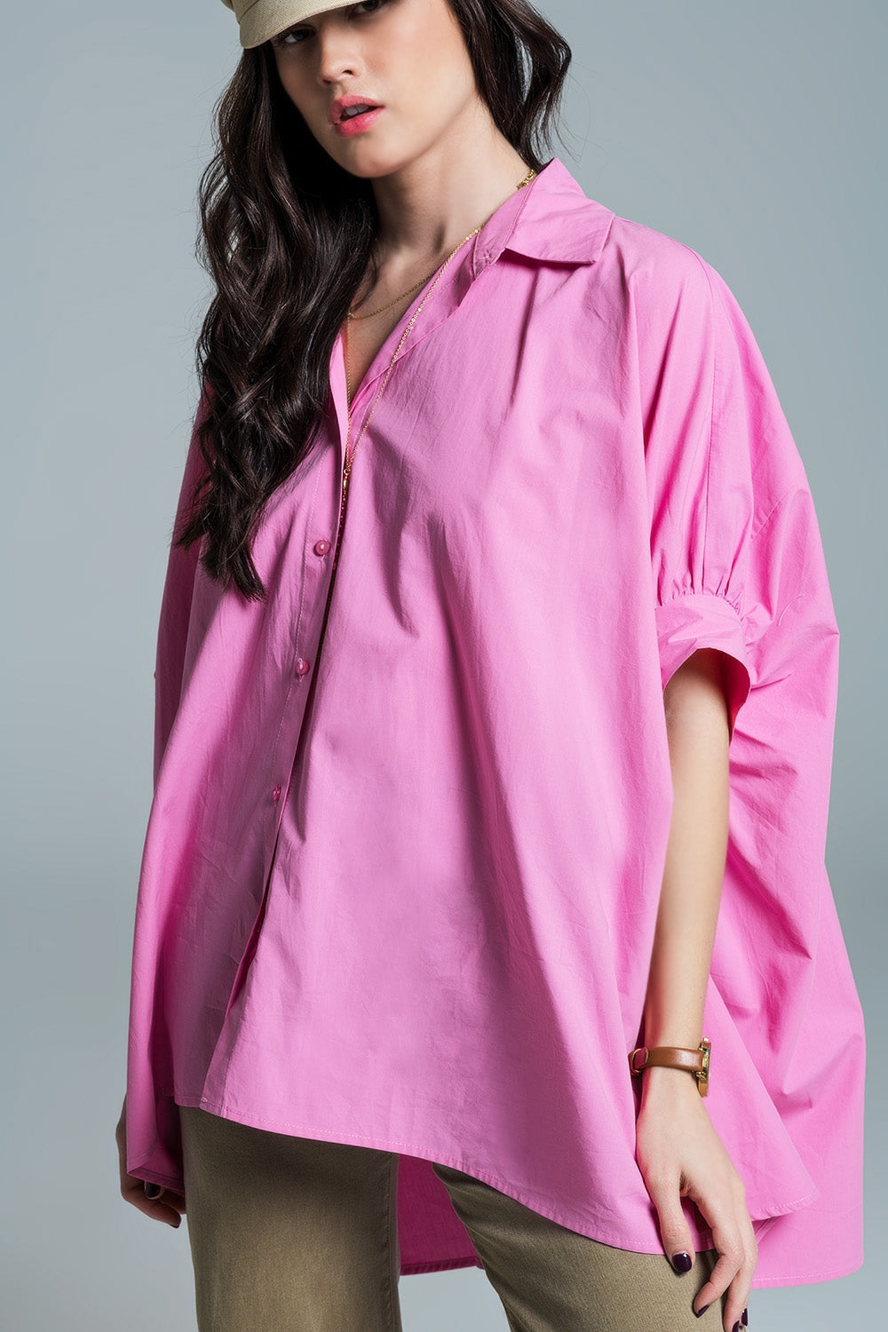 Pink oversized blouse with short sleeves - Blouses