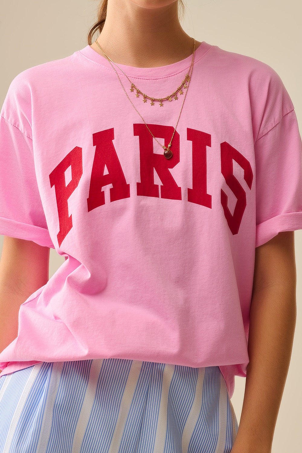 Pink Paris Relaxed T-shirt with Red Letters - Tops