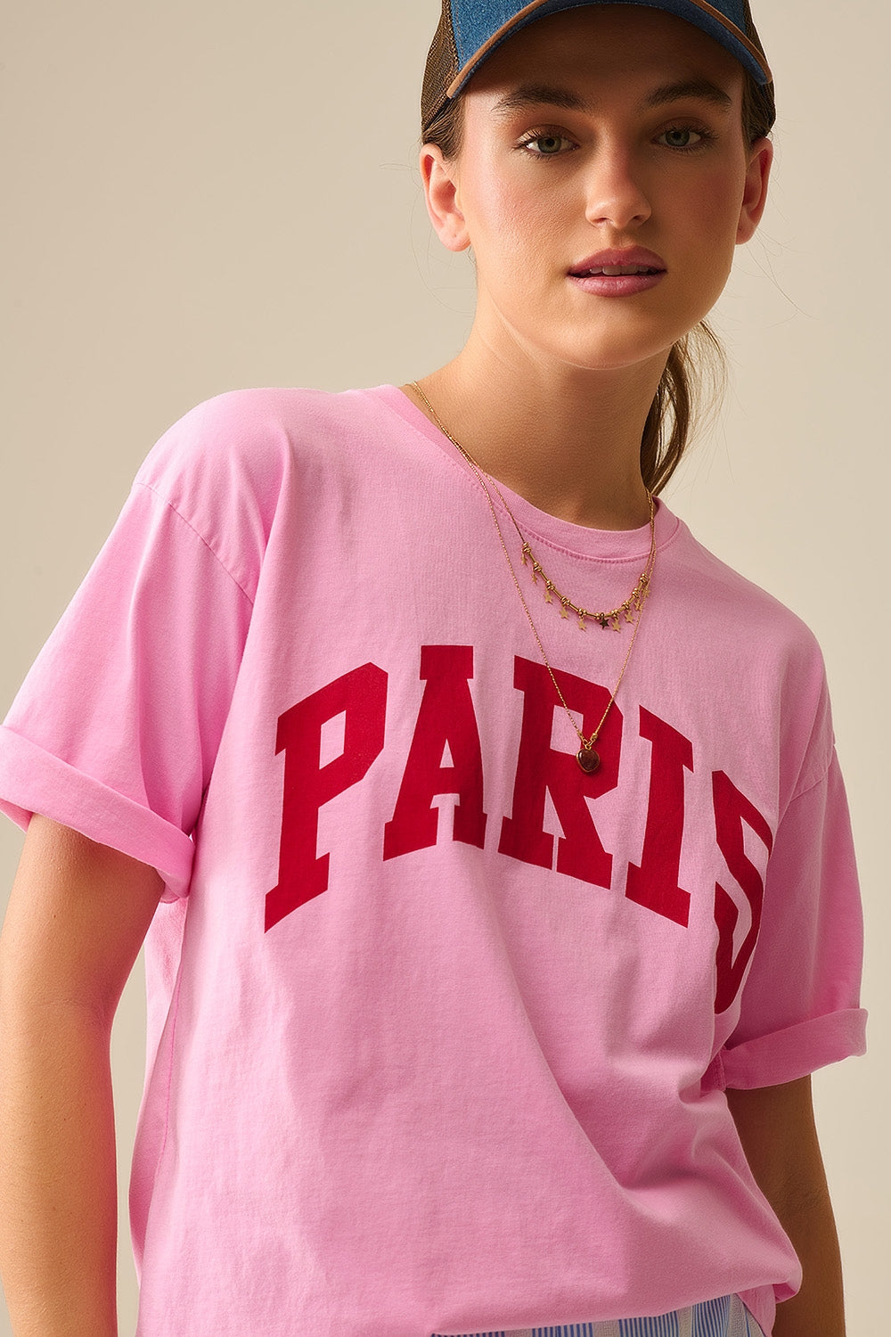 Pink Paris Relaxed T-shirt with Red Letters - Tops