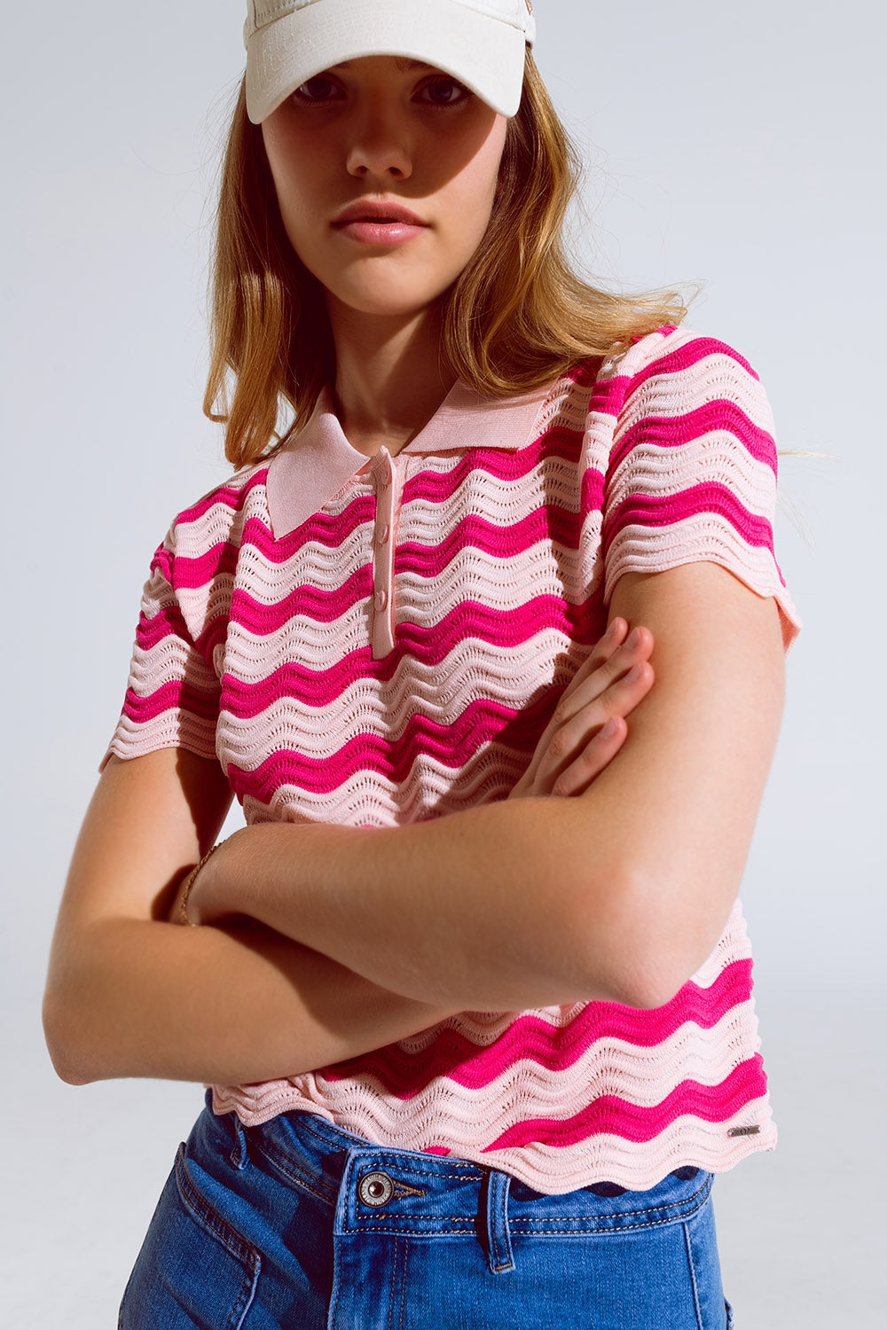 Pink polo with fuchsia wavy stripes - Polos