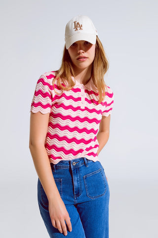 Pink polo with fuchsia wavy stripes