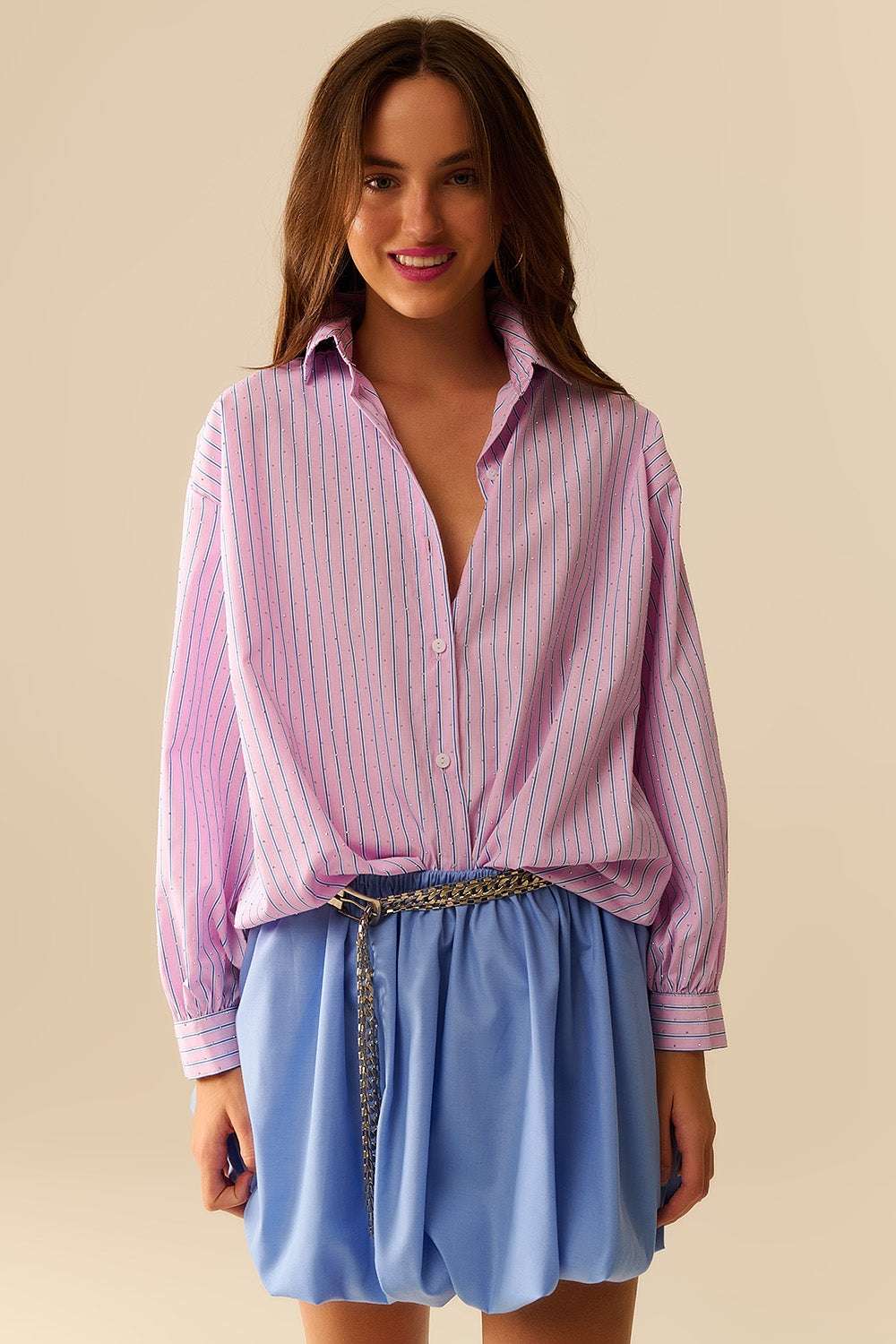 Pink striped poplin shirt embellished with strass - Shirts
