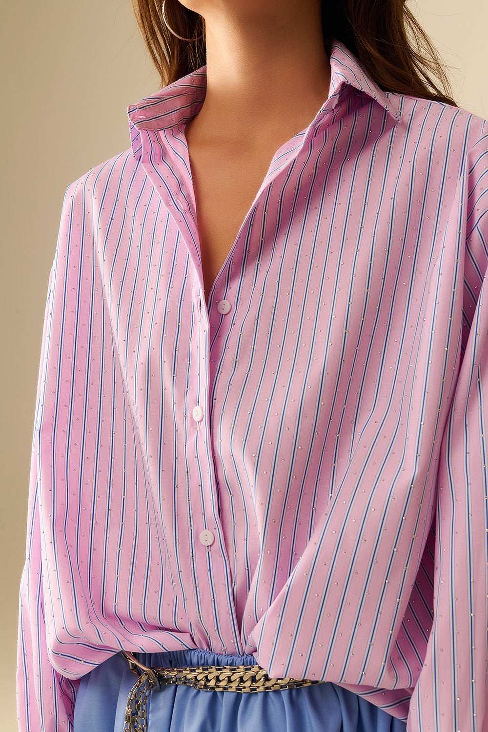 Pink striped poplin shirt embellished with strass - Shirts