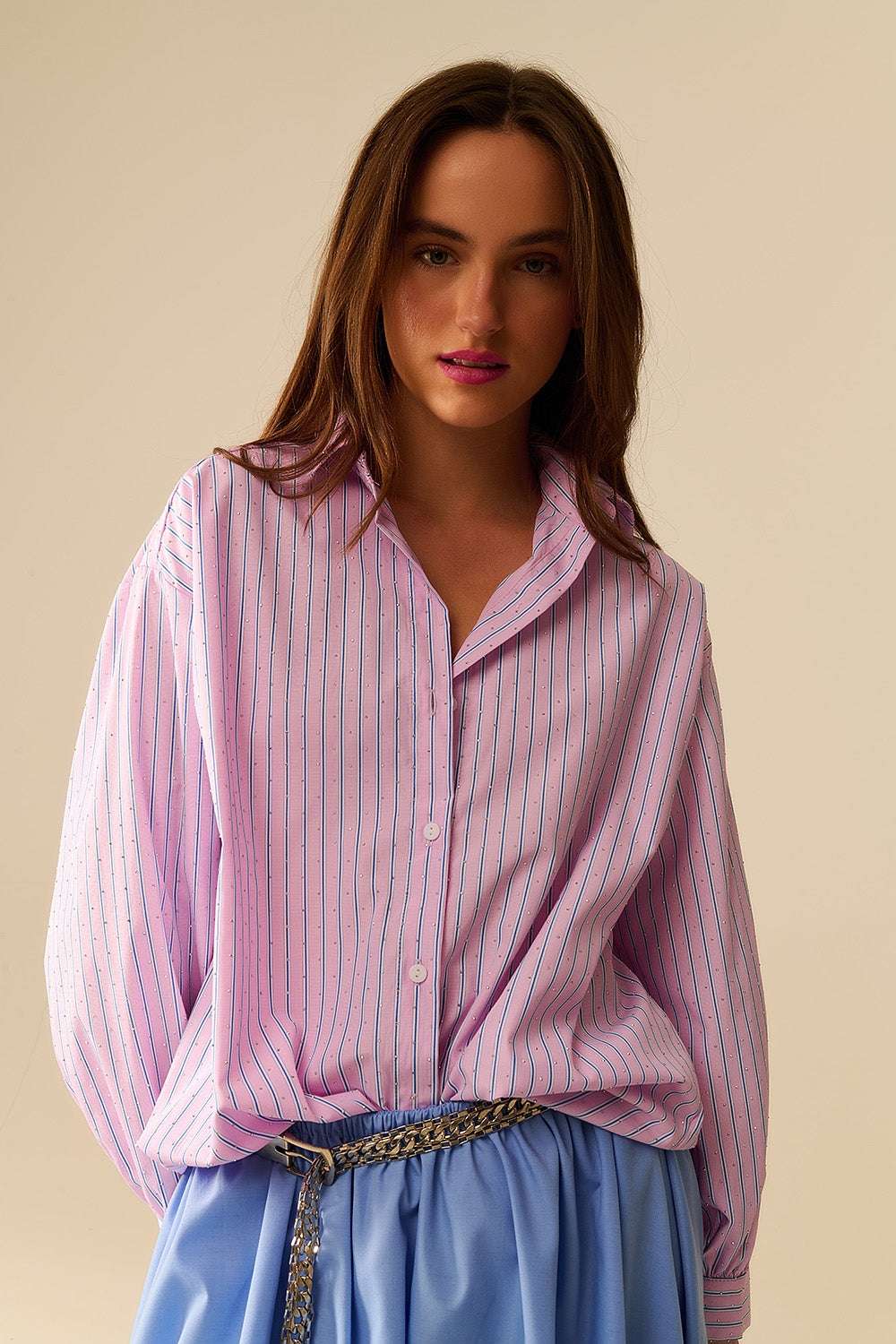 Pink striped poplin shirt embellished with strass - Shirts