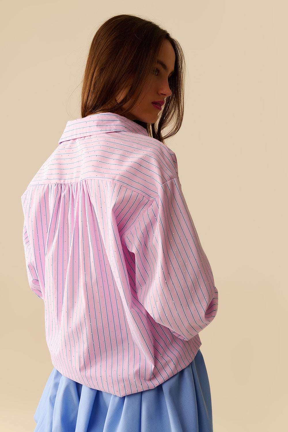 Pink striped poplin shirt embellished with strass - Shirts