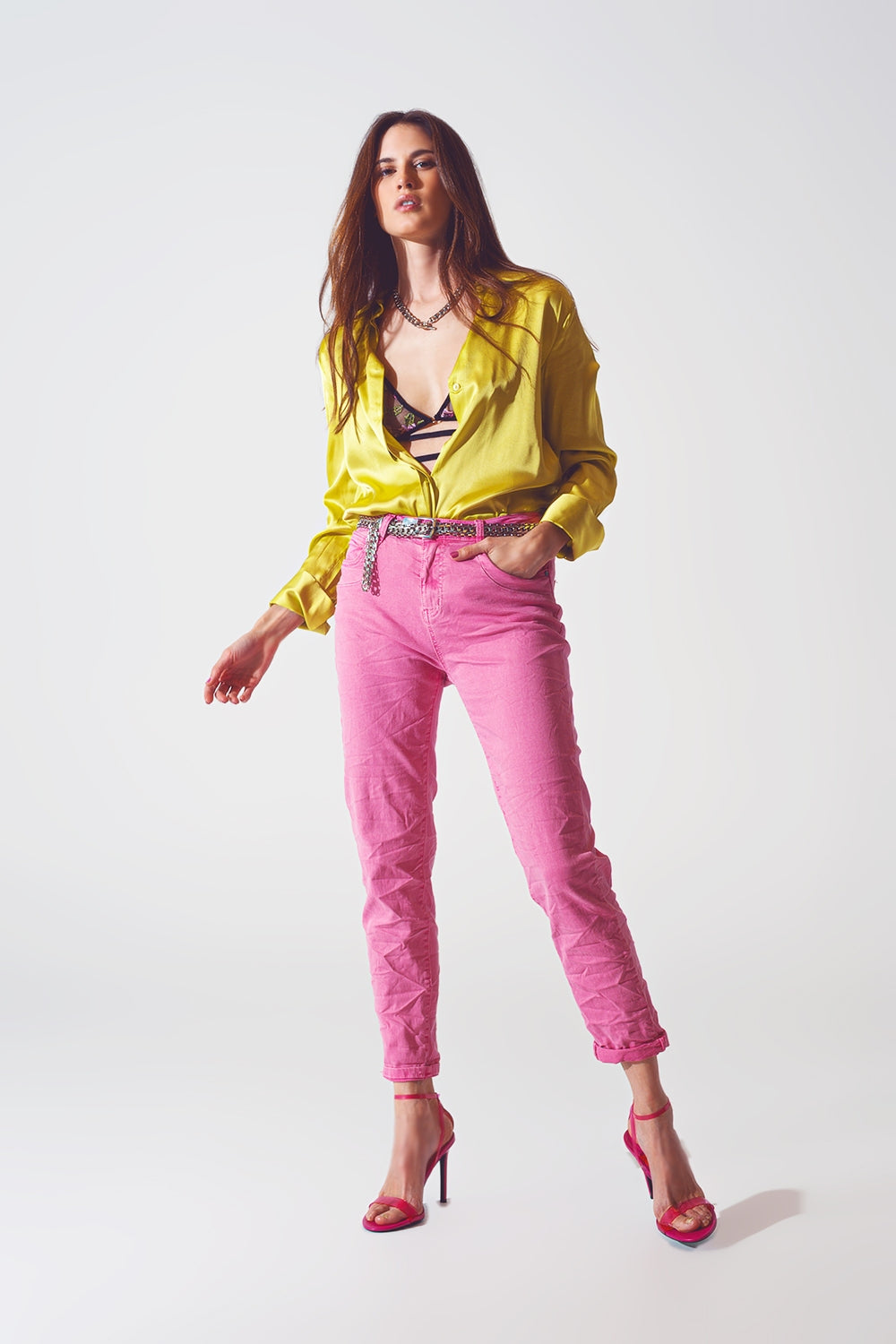 Pink Wrinkled Skinny Jeans - Jeans
