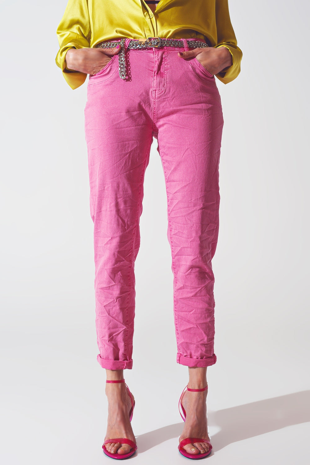 Pink Wrinkled Skinny Jeans - Jeans