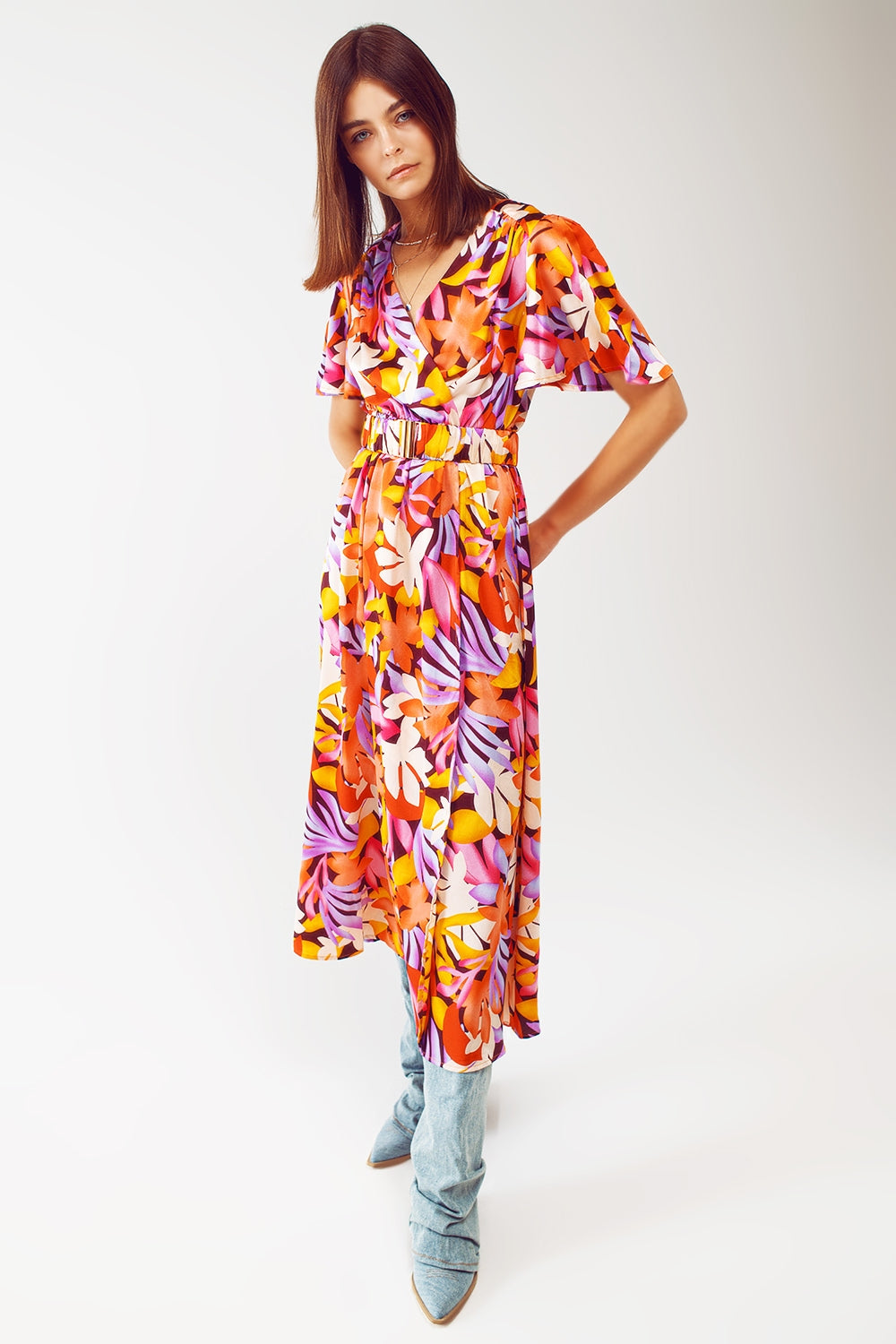 Pleated Maxi V Neck Dress in Multicolour Q2 Dresses BoutiqueLua