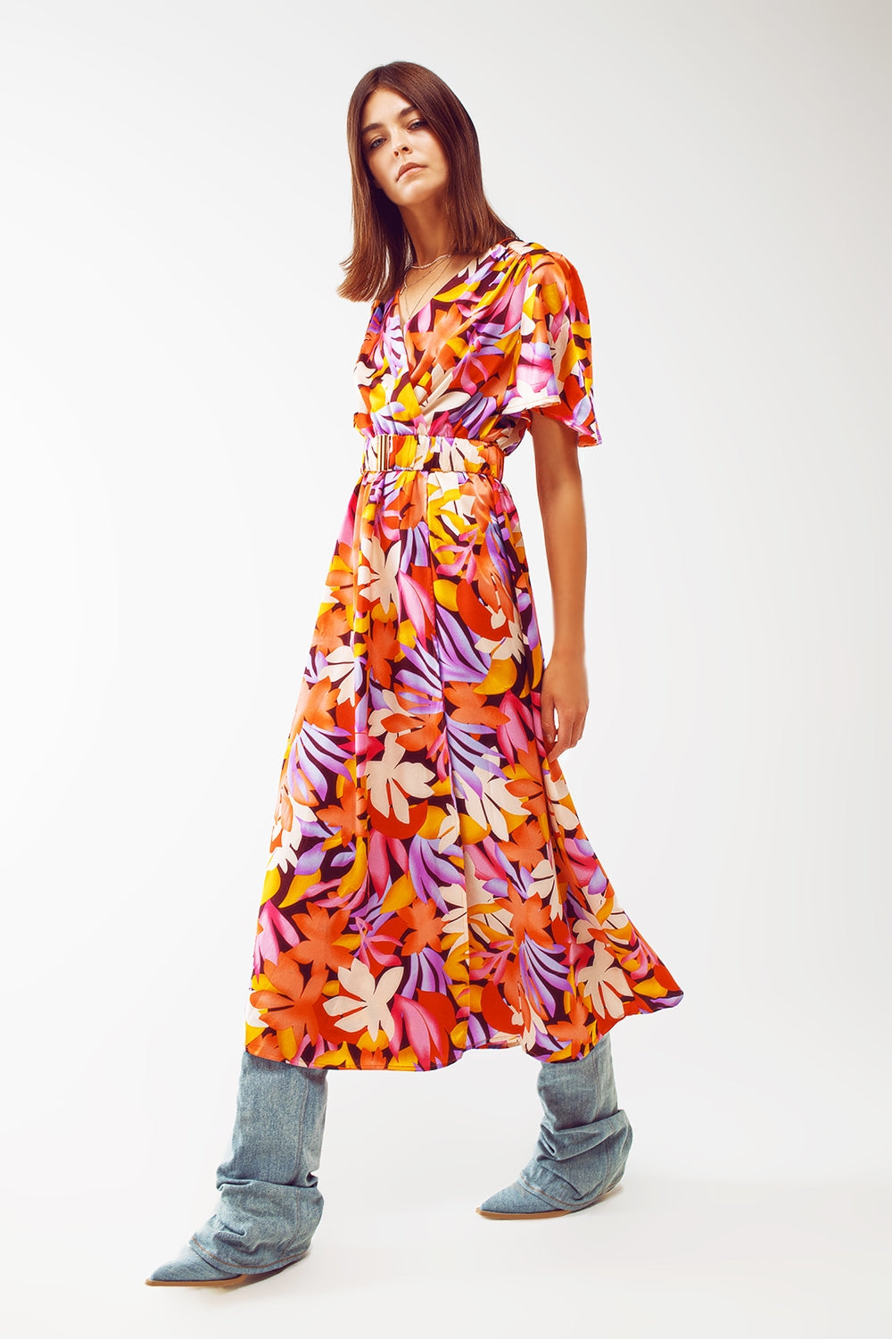Pleated Maxi V Neck Dress in Multicolour Q2 Dresses BoutiqueLua
