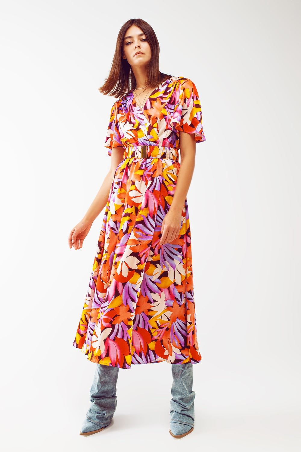 Pleated Maxi V Neck Dress in Multicolour Q2 Dresses BoutiqueLua