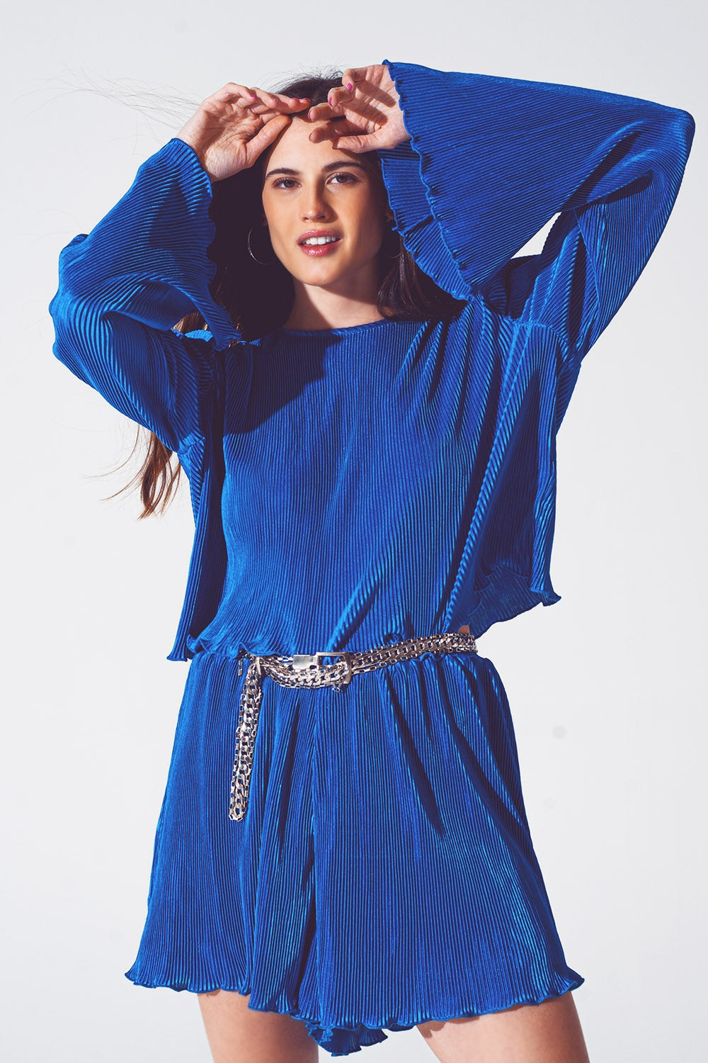 Pleated Round Neck Crop Top in Blue - Tops