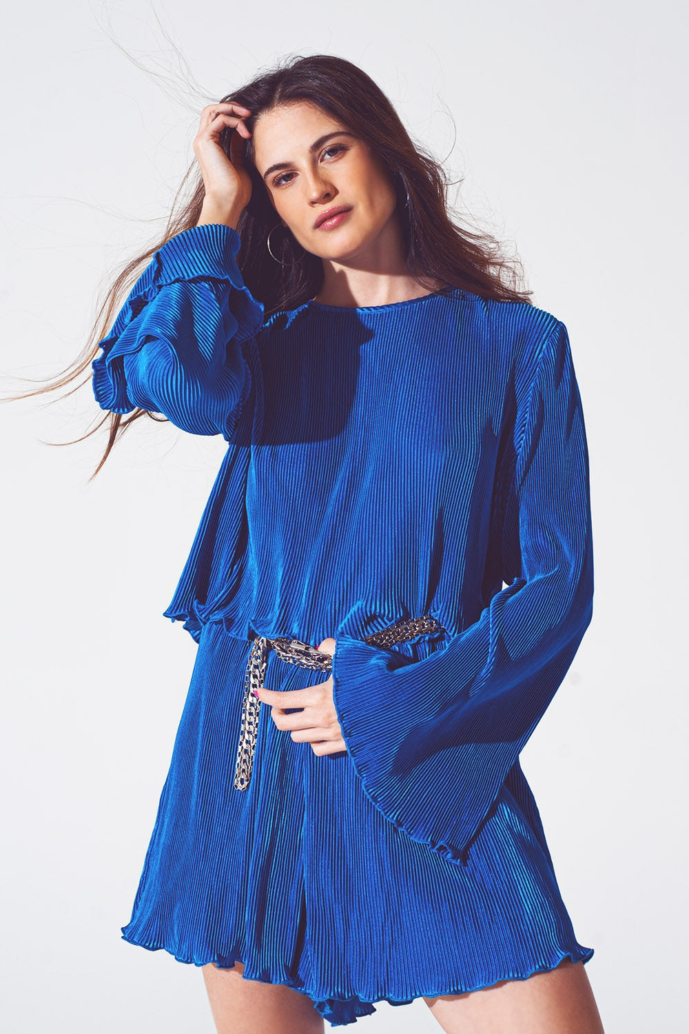 Pleated Round Neck Crop Top in Blue - Tops