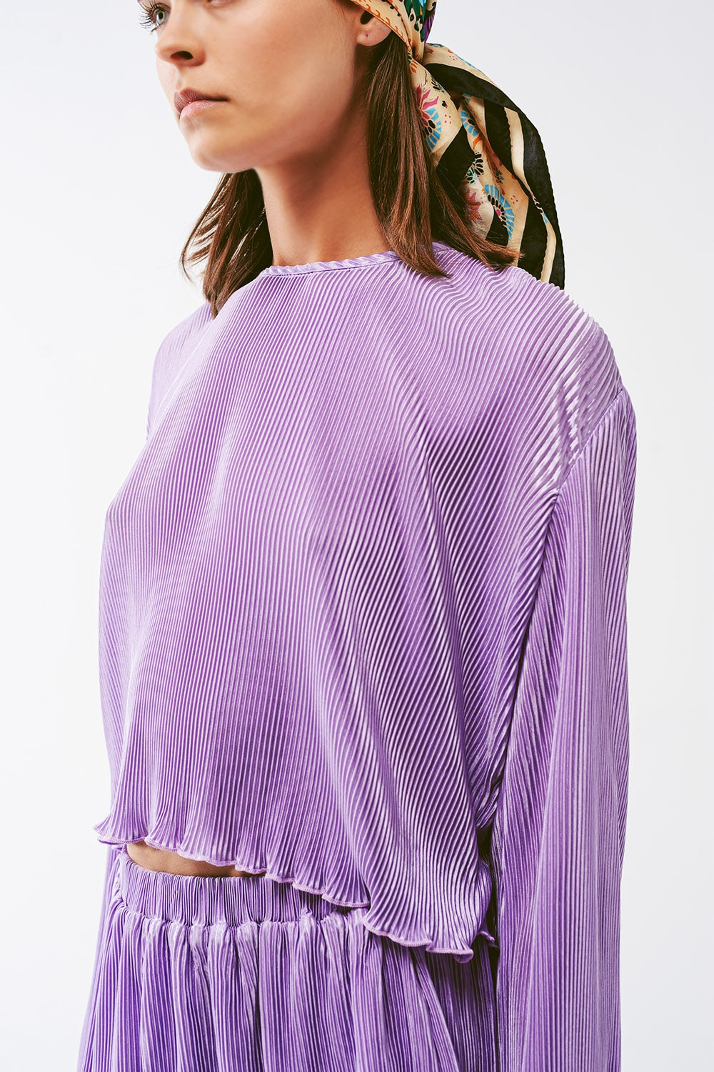 Pleated Round Neck Crop Top in lilac Q2 Tops BoutiqueLua
