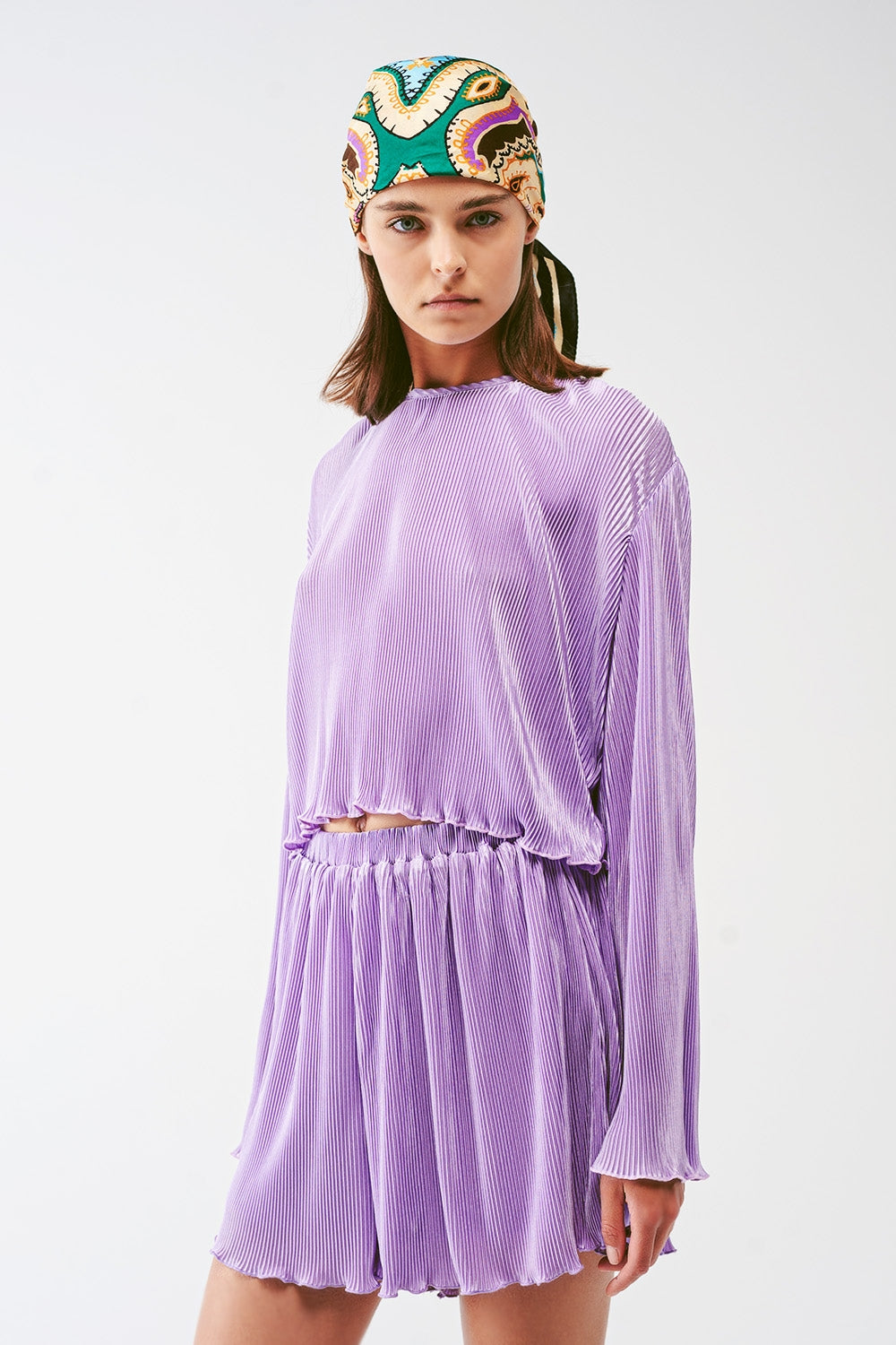 Pleated Round Neck Crop Top in lilac Q2 Tops BoutiqueLua